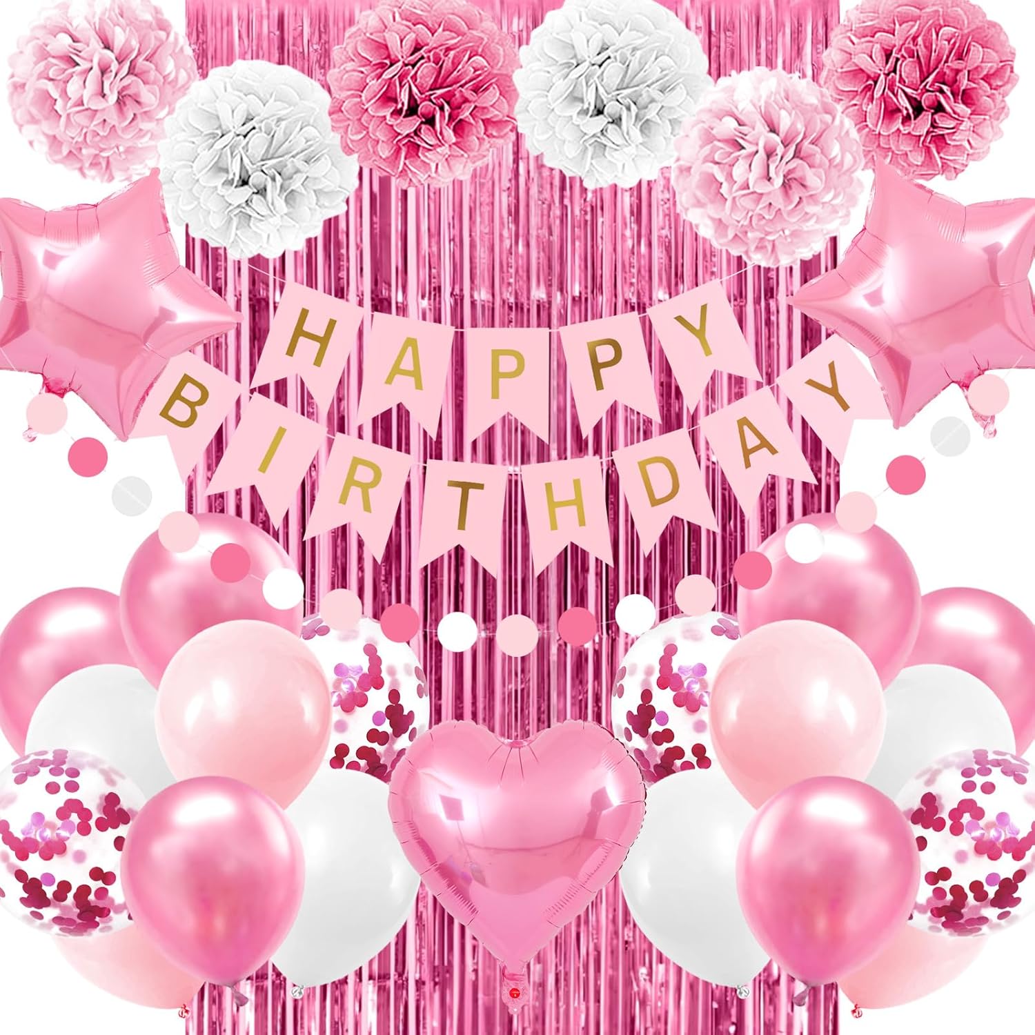 Pink Birthday Party Decorations for Girls Women Happy Birthday Banner Light Pink and White Balloons party decor Pom pom Flower Confetti Ribbons Foil Fringe Curtain