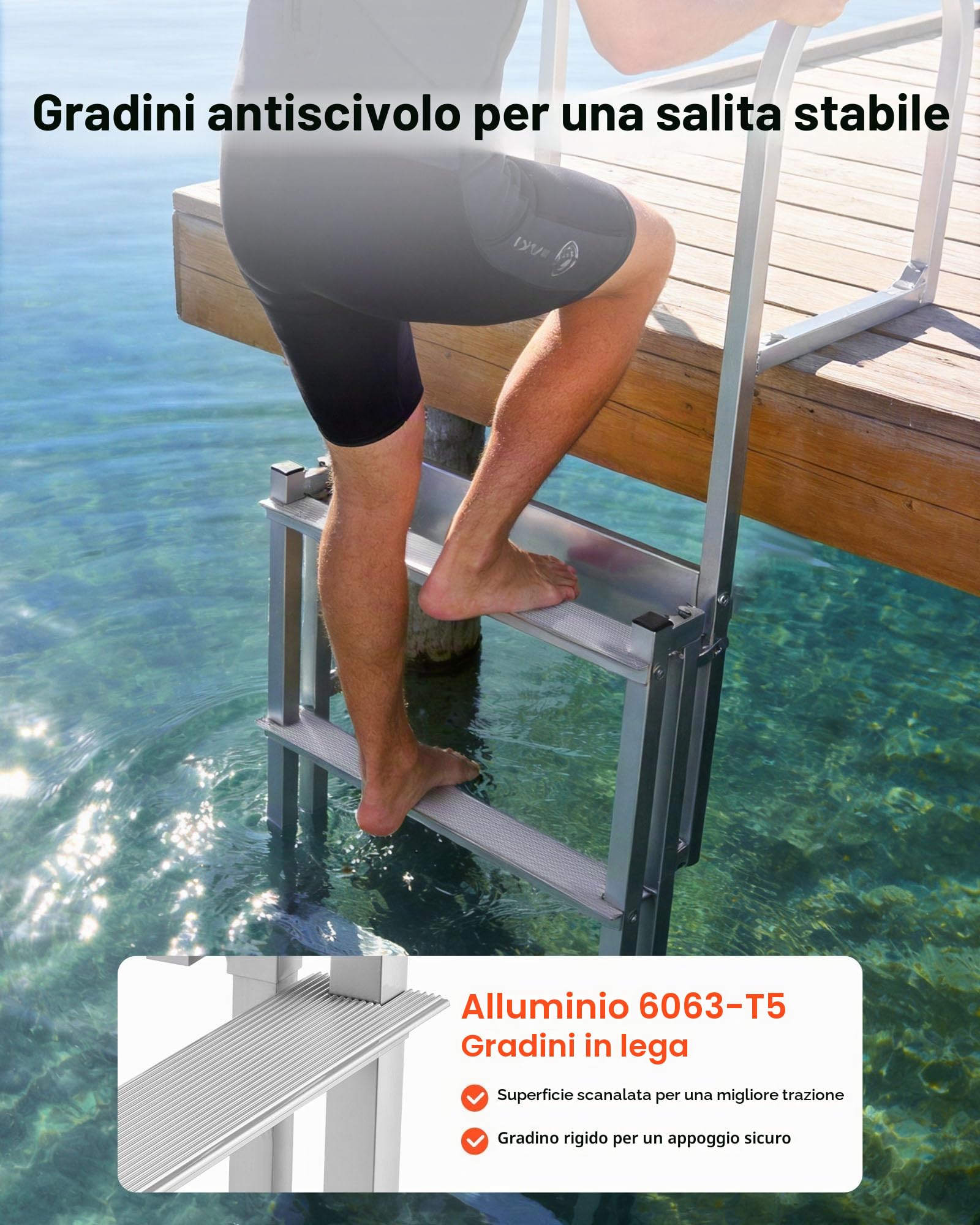 VEVOR Scaletta Telescopica per Molo, Scaletta Dritta Retrattile da Pontile, 5 Gradini Antiscivolo in PP, Portata Massima 227 kg, Struttura in Lega di Alluminio, Galleggiante Auto-Sollevante, per Laghi