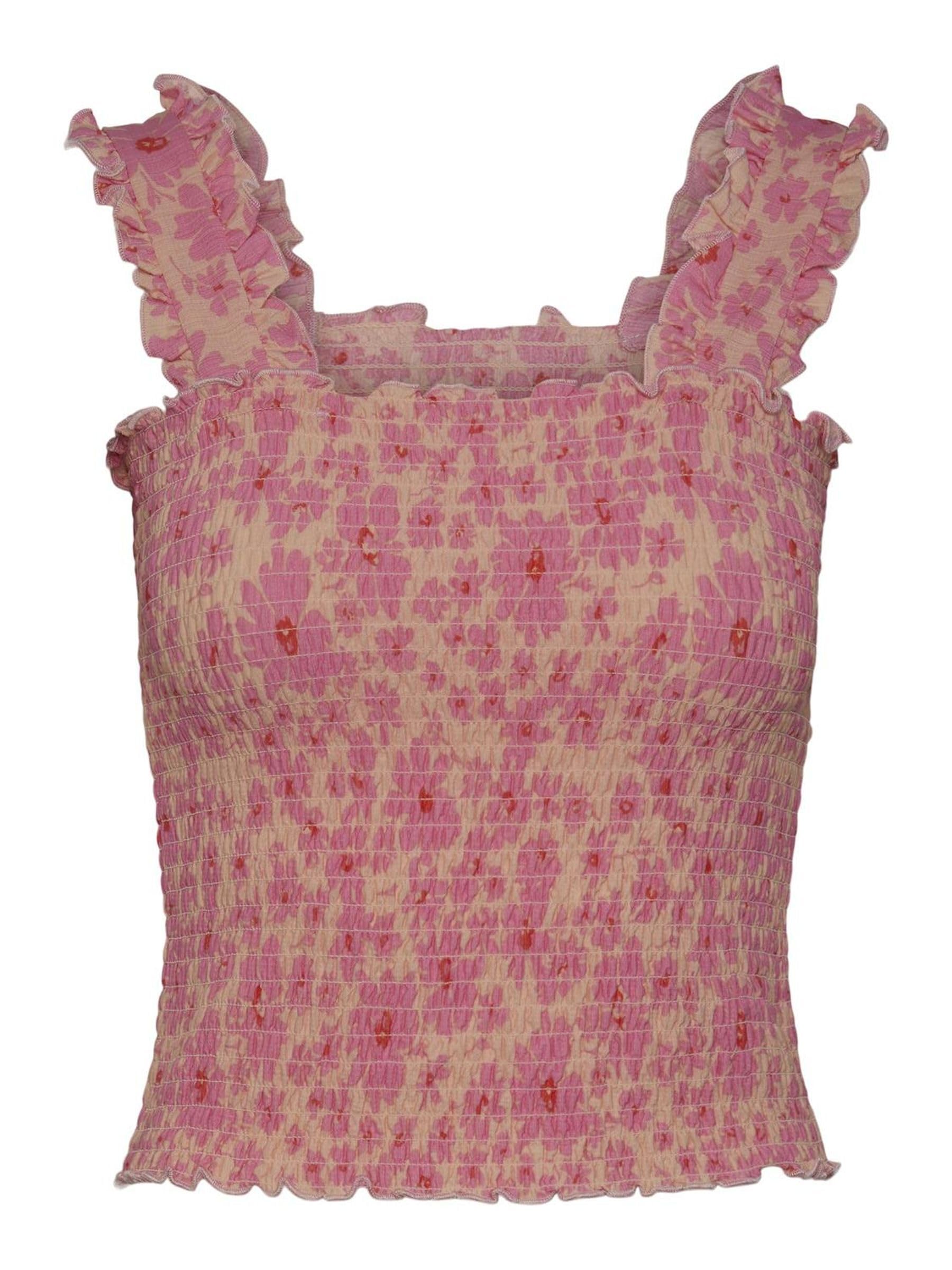 Pieces Women's Tropical Peach Smock Top, S - Playful Smocked Fit with Ruffle Details, Sleeveless, Square Neck, Floral Pattern
