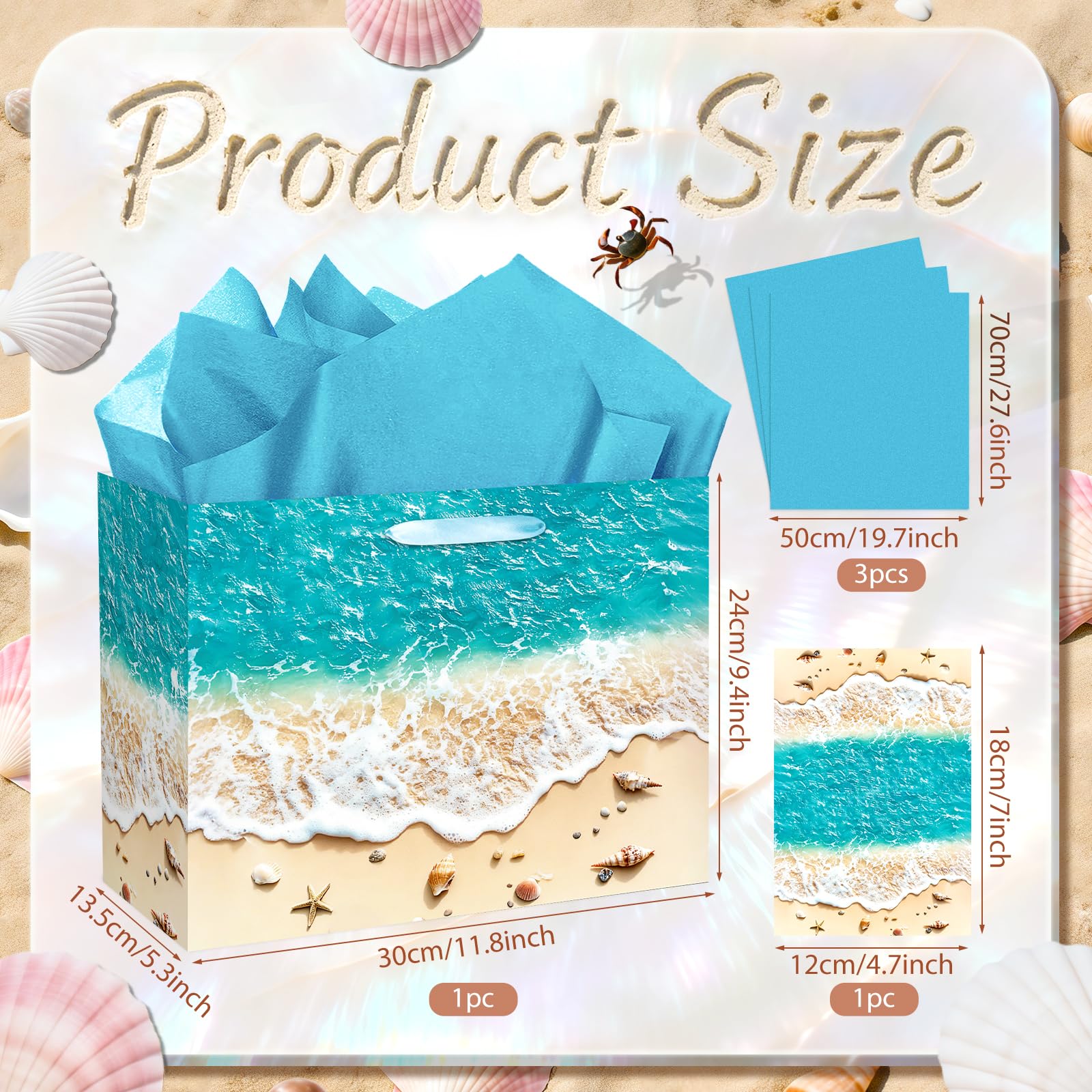 TagreSpike Beach Gift Bag with Tissue Paper and Card Summer Beach Goodie Candy Bags Seashell Blue Ocean Wave Summer Pool Party Favors Supplies for Holiday Birthday Wedding Luau Tropical Party