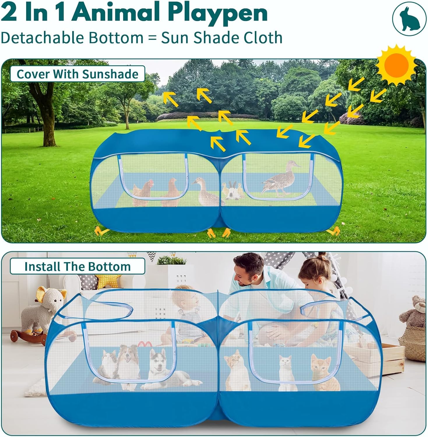 73" Large Small Animal Playpen with Detachable Bottom, Portable Chicken Coop Run and Chick Brooder, Pop Up Pet Enclosure Tent for Guinea Pigs, Bunnies, Puppies, Cats, Indoor/Outdoor Exercise Pen