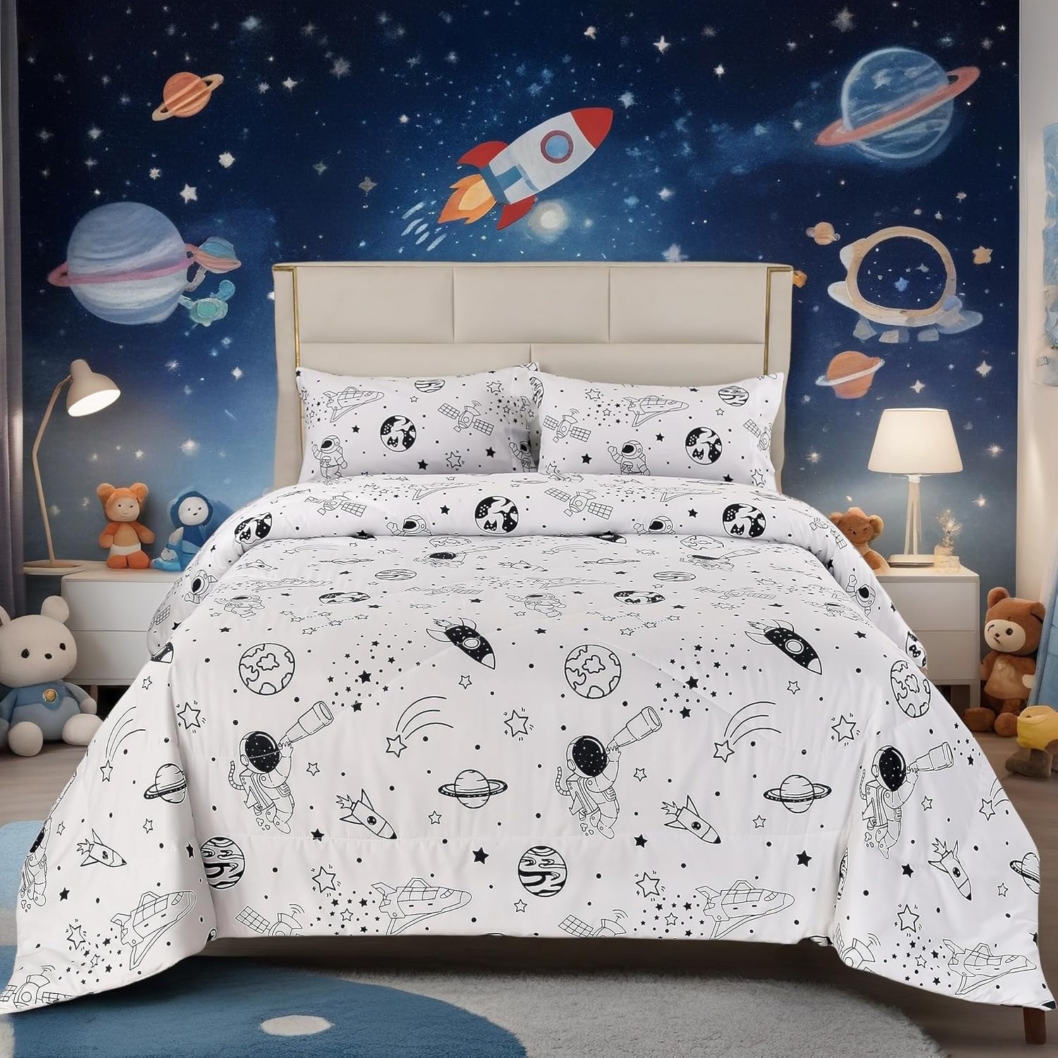 MAG 3Pcs Rocket Space Bedding Comforter Set Queeen,All Season White Galaxy Comforter Set for Toddlers Kids Boys Teens and Girls,Moon,Super Soft Microfiber (1 Comforter + 2 Pillowcases) (Space, Queen)