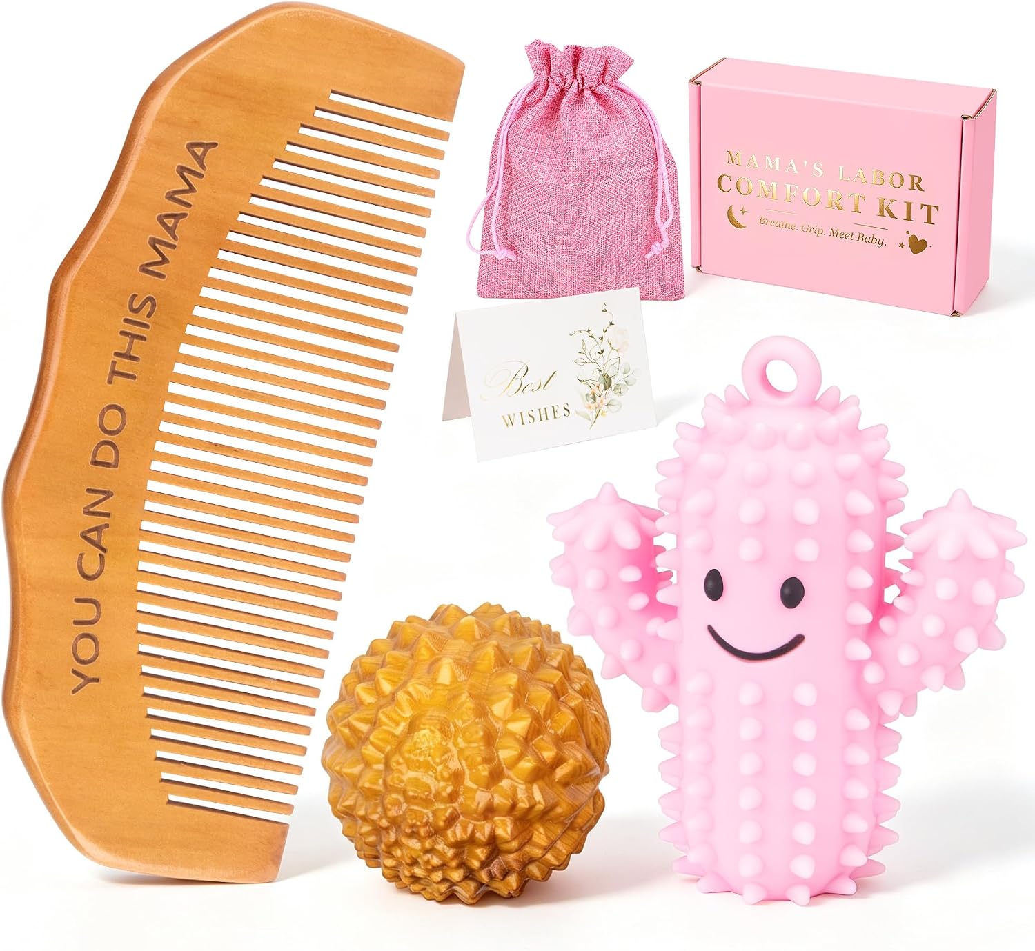 Wooden Labor Comb & Birth Comb Set with Acupressure Massage Ball