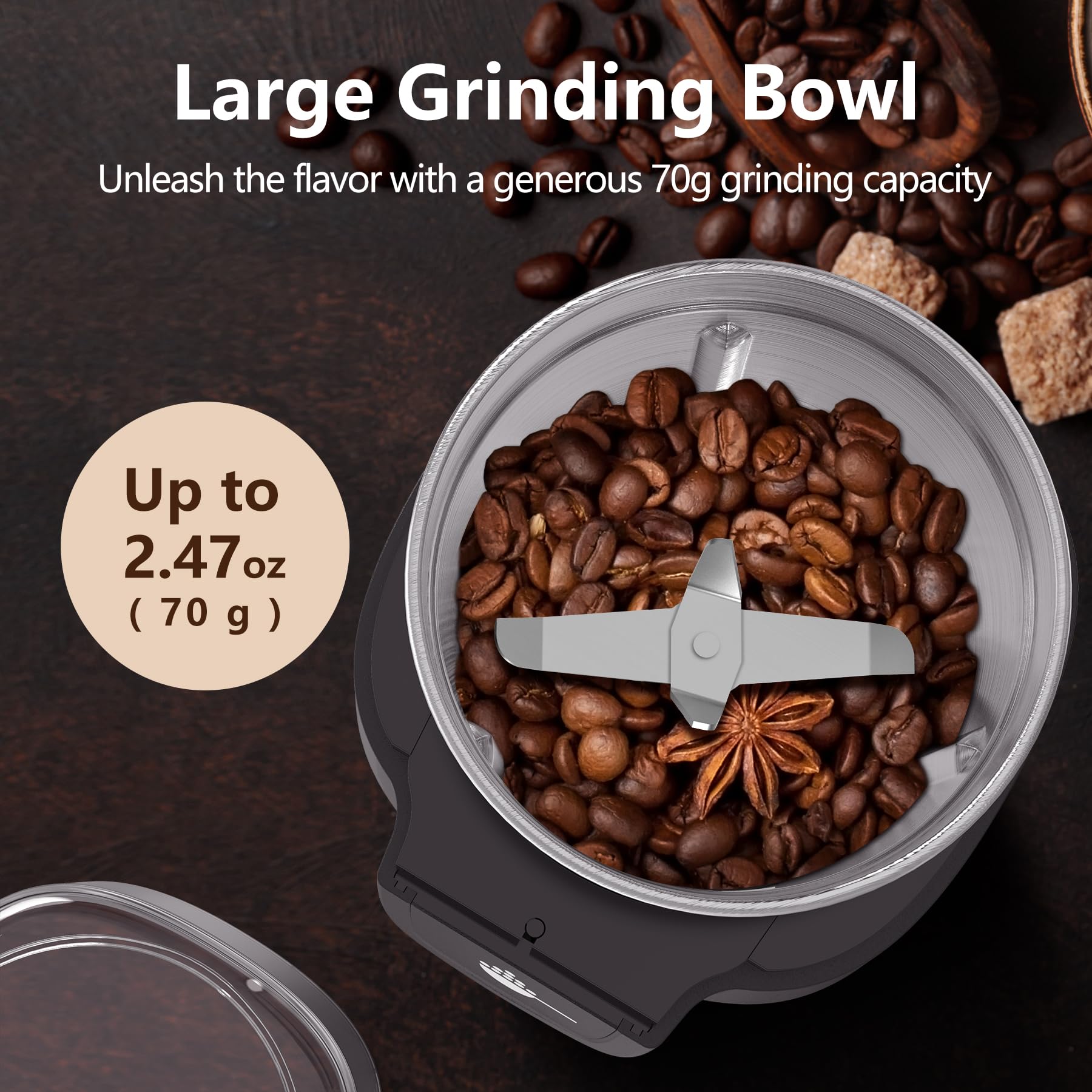 OMISOON Macina Caffe' Elettrico 200W, Macinacaffè Elettrico con Contenitori Rimovibili in acciaio inossidabile, 70g Capacità, per Chicchi di Caffè, Spezie, Cereali, Pepe, Noci