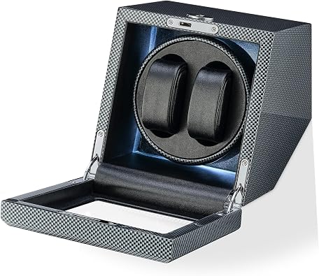 TIMECUBE Double Watch Winder with LED Light, 15 Winding Progarms and Automatic Motor-Stop Optionn Carbon