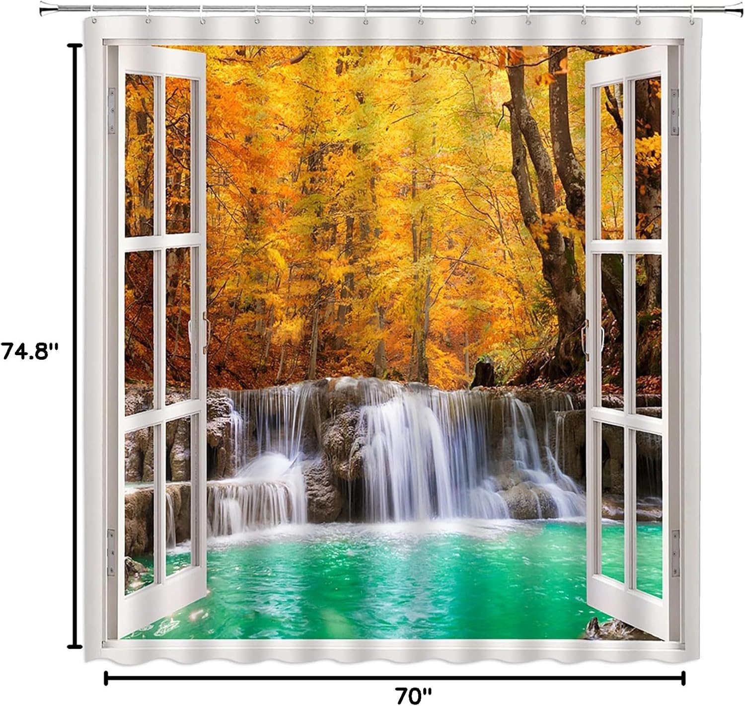 Waterfall Shower Curtain Nature Scenery Green Forest Tree Lake Fabric Bathroom Decor with Hooks(74.8" Wx70 H)