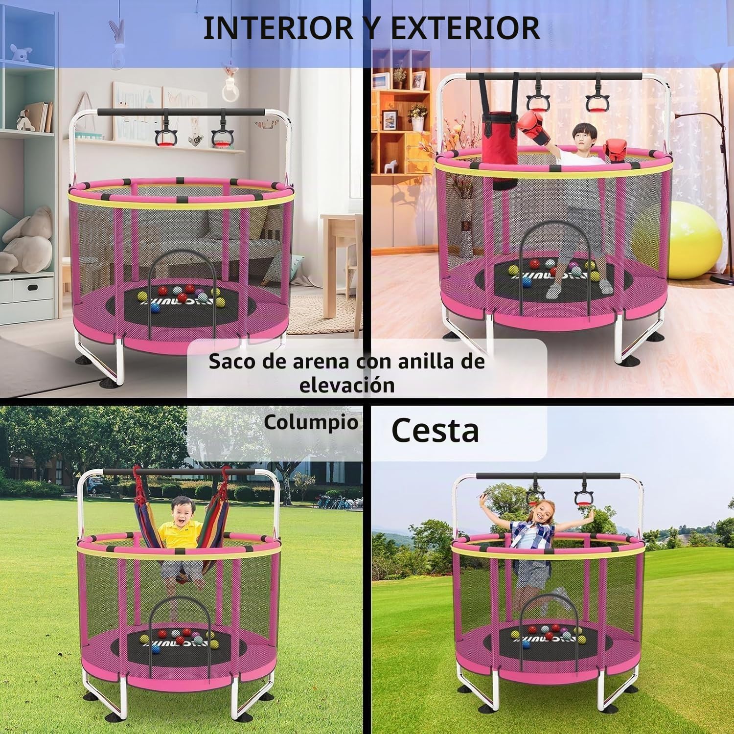 Cama elástica infantil para interior y exterior – Trampolín de 140 cm con red, barra de gimnasia, cesta y juguetes para niños y niñas hasta 200 kg