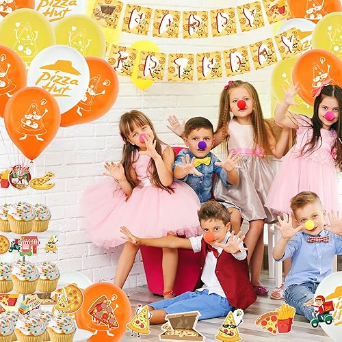 Miniatura 5 de Suministros de fiesta de pizza, 32 piezas de decoraciones de fiesta de cumpleaños, incluye pancarta, taza, decoración de pasteles, globos para niños