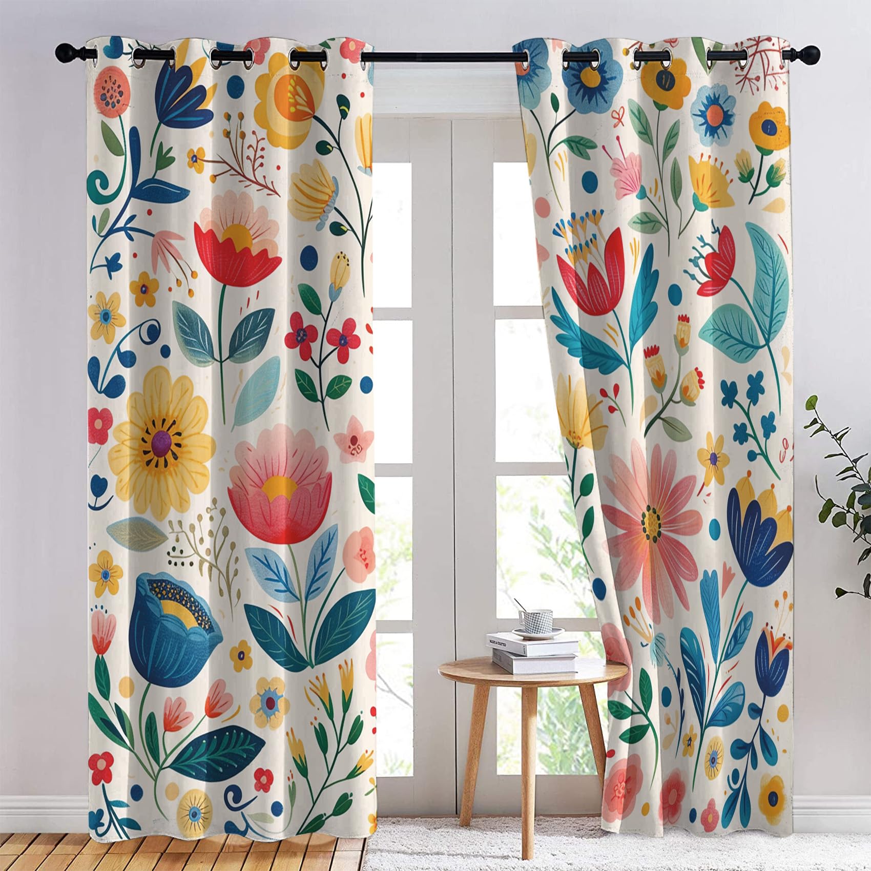 Generisch Bunte Blumenmuster Vorhang, Retro Florale Gardinen mit Ösen 2er Set Verdunkelungsvorhang, Aquarell Blumen Vorhänge, Wohnzimmer Schlafzimmer Kinderzimmer Blickdicht, 150x166 cm