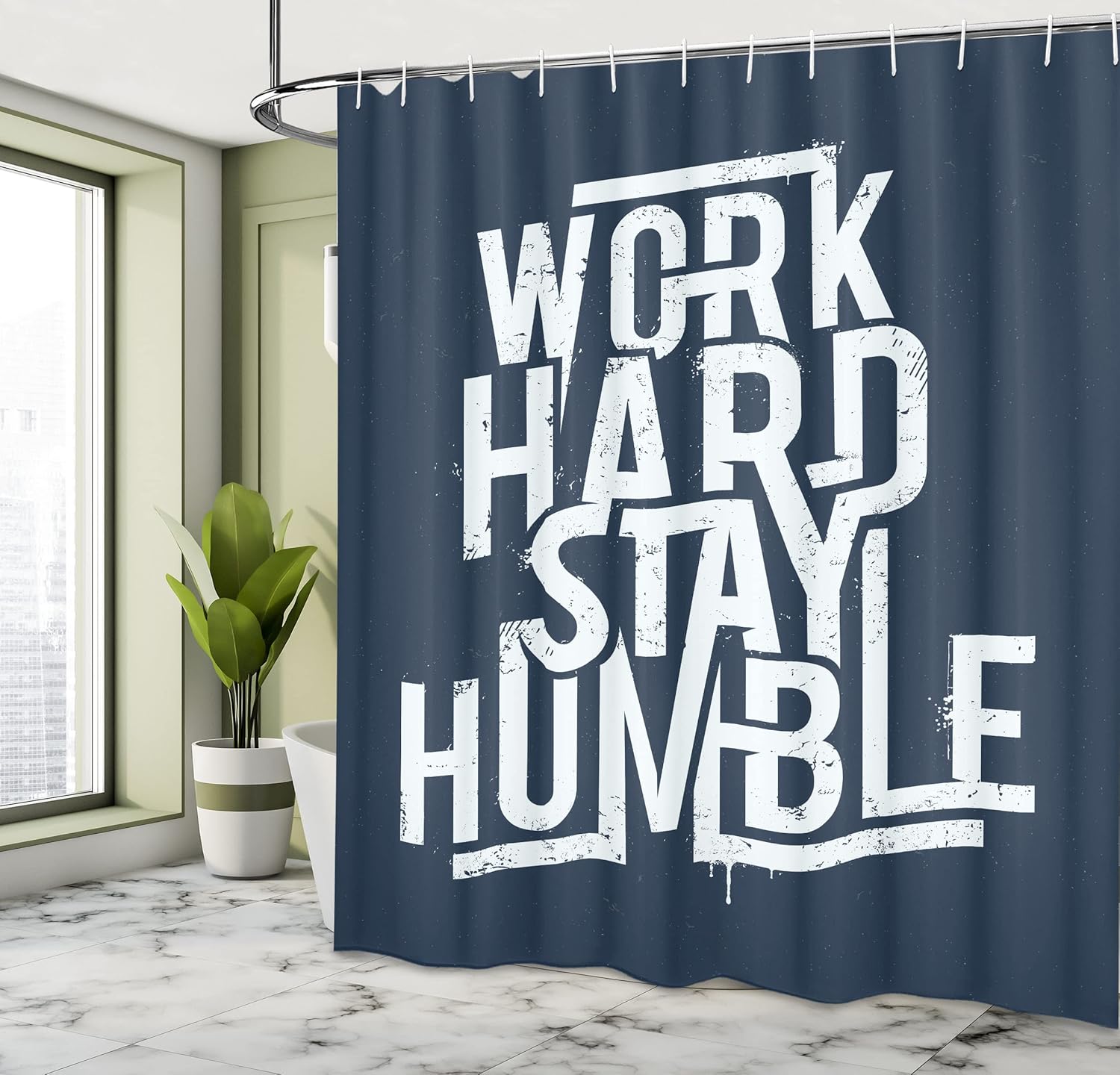 Ambesonne Saying Shower Curtain, Futuristic Design Inspirational Saying Work Hard Stay Humble Typography, Cloth Fabric Bathroom Decor Set with Hooks, 69" W x 70" L, White and Night Blue