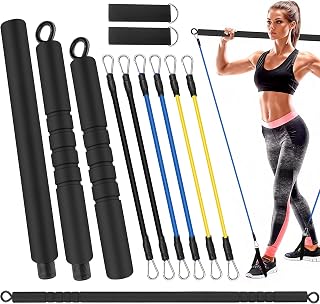 GZcaiyun Resistance Band Fitness Bar, Removable 3 Piece Exercise Bar and Training Band Set, with 6 Resistance Bands, 2 Pull Rings for Home Strength Training, Unisex