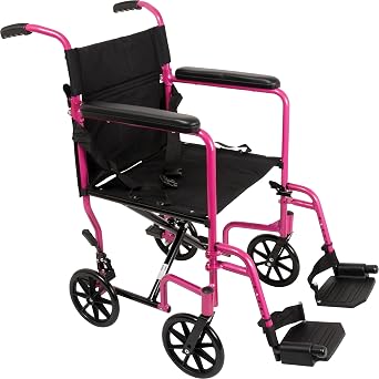 ProBasics Transport Wheelchair Lightweight Foldable with 19 inch Seat - Folding Transport Chair with Foot Rests, Foldable Wheel Chair and Lightweight Folding Wheelchair, Pink