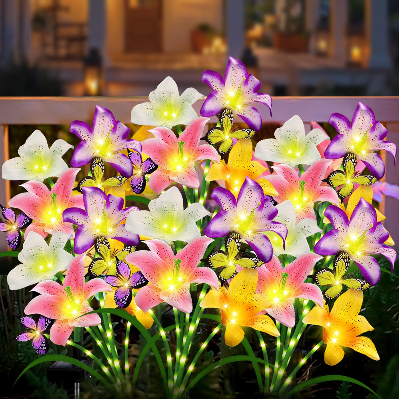 ANGMLN Solar Garden Lights 6 Pack 24 Lily Flowers with Butterfly Decor