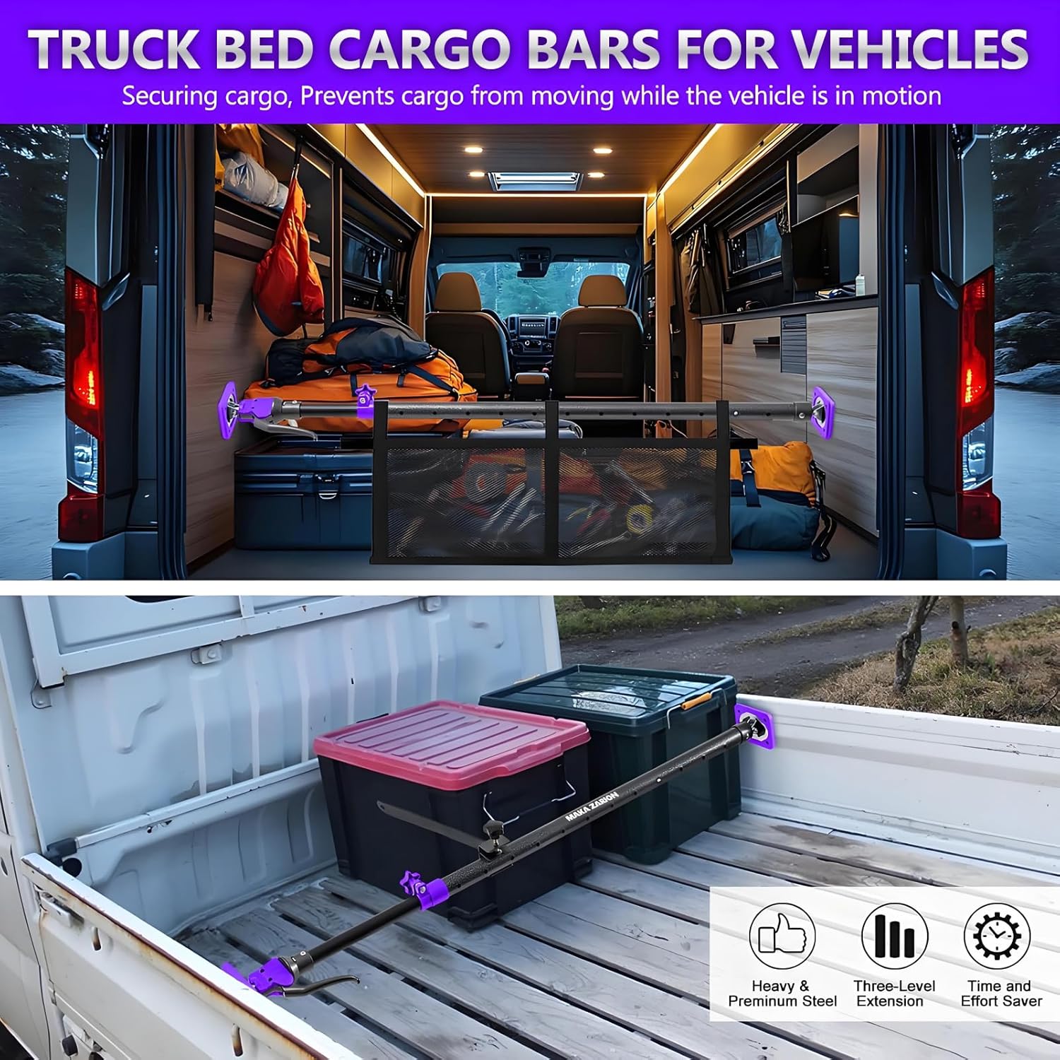 Purple Adjustable Cargo Bar, Truck Bed Divider from 40 to 70 in with 200LB Bearing Capacity, Cargo Bar for Pickup, Truck Bed Organizer Cargo Bars for SUV, Trailer, Van, Come with 1 Divider Bar, 1 Cargo Net