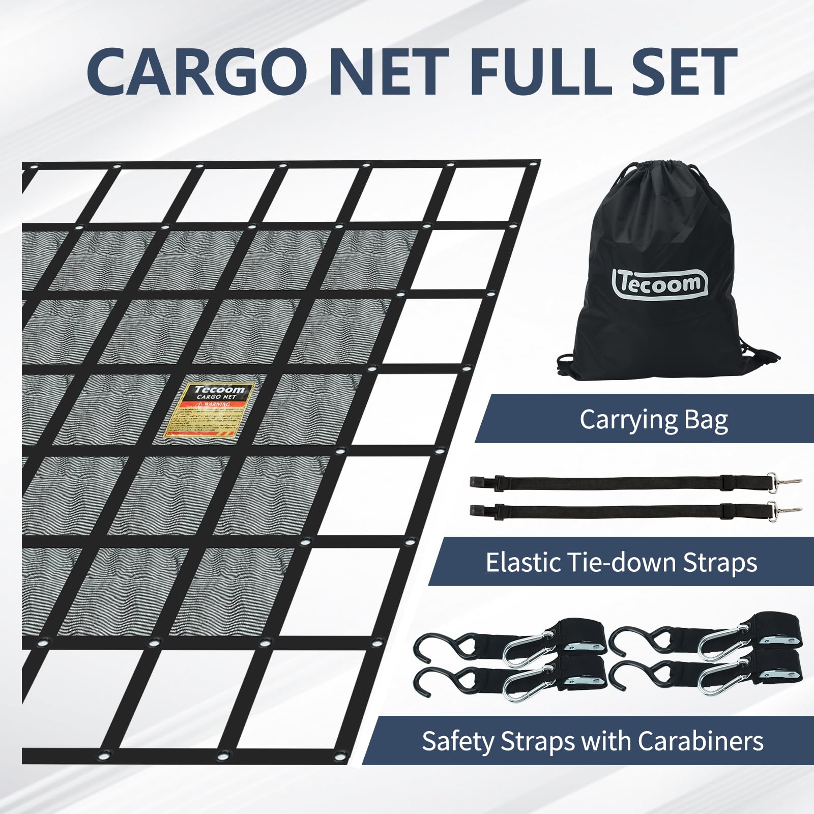 Tecoom Strapazierfähiges Gepäcknetz für Pickup-LKW-Bett, 12 x 13 cm, verstellbare Nockenschnallen, S-Haken und Kreuzgurt, 0,7 kg Kapazität, Gepäcknetz, LKW-Zubehör (147,3 x 155,9 cm)