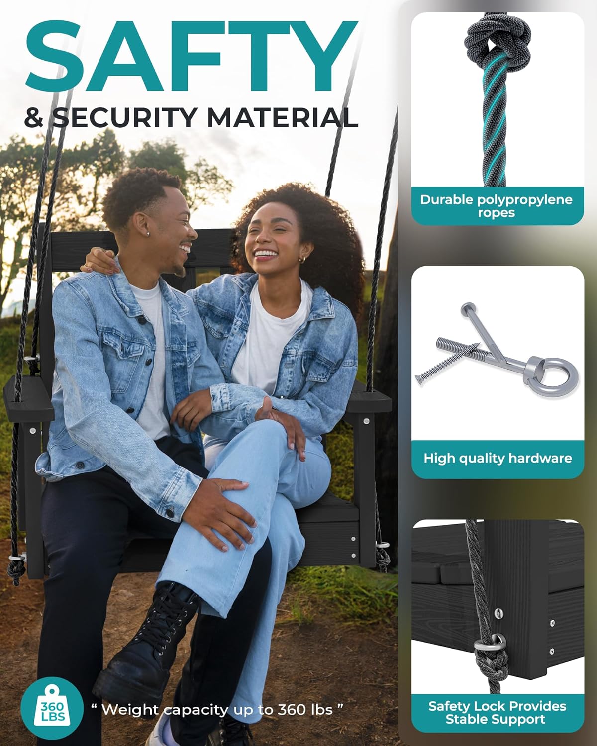 SERWALL HDPE Single Porch Swing, Heavy Duty Single Person Swing Chair with 2 Polypropylene Hanging Ropes, Adirondack Hanging Chair for Outdoor Front Porch Patio Garden Yard, Black