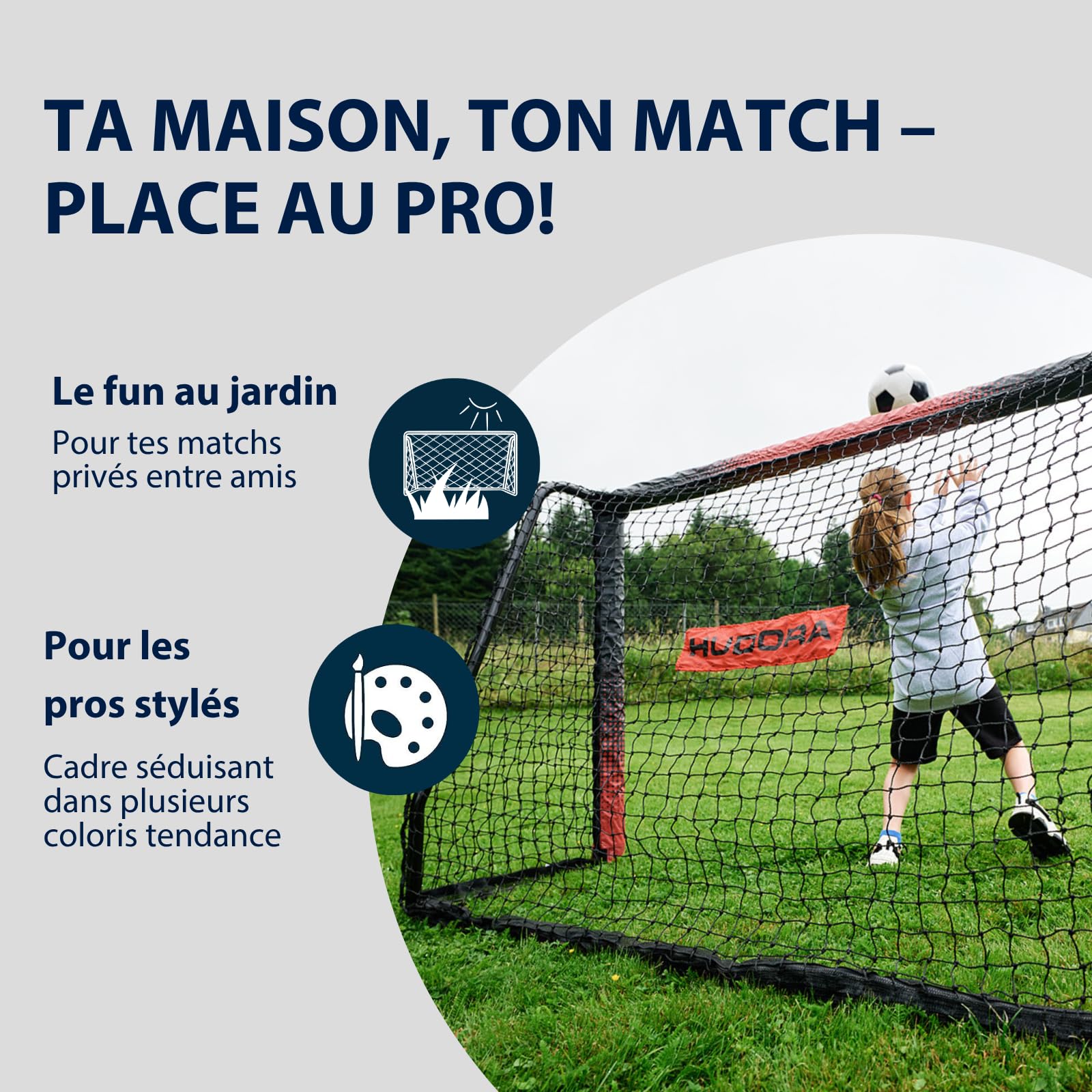 HUDORA But de Football Pro Tect Advanced – But avec Filet et enveloppe Tous Temps pour Enfants/Adultes – Montage Simple au Jardin – Cage de But avec Fermetures éclair et Bandes Velcro