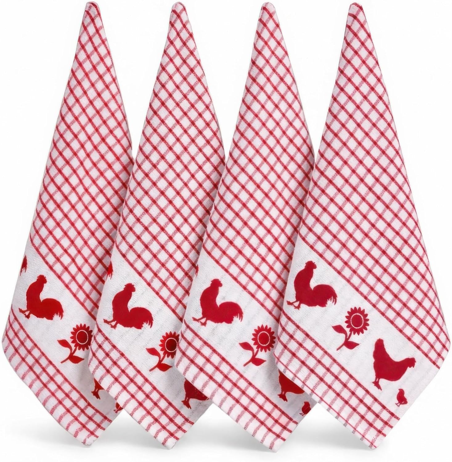 Cackleberry Home Backyard Chickens Windowpane Check Cotton Terrycloth Kitchen Towels, Set of 4 (Red)
