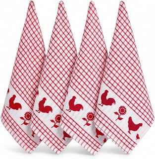 Backyard Chickens Windowpane Check Cotton Terrycloth Kitchen Towels, Set of 4 (Red)