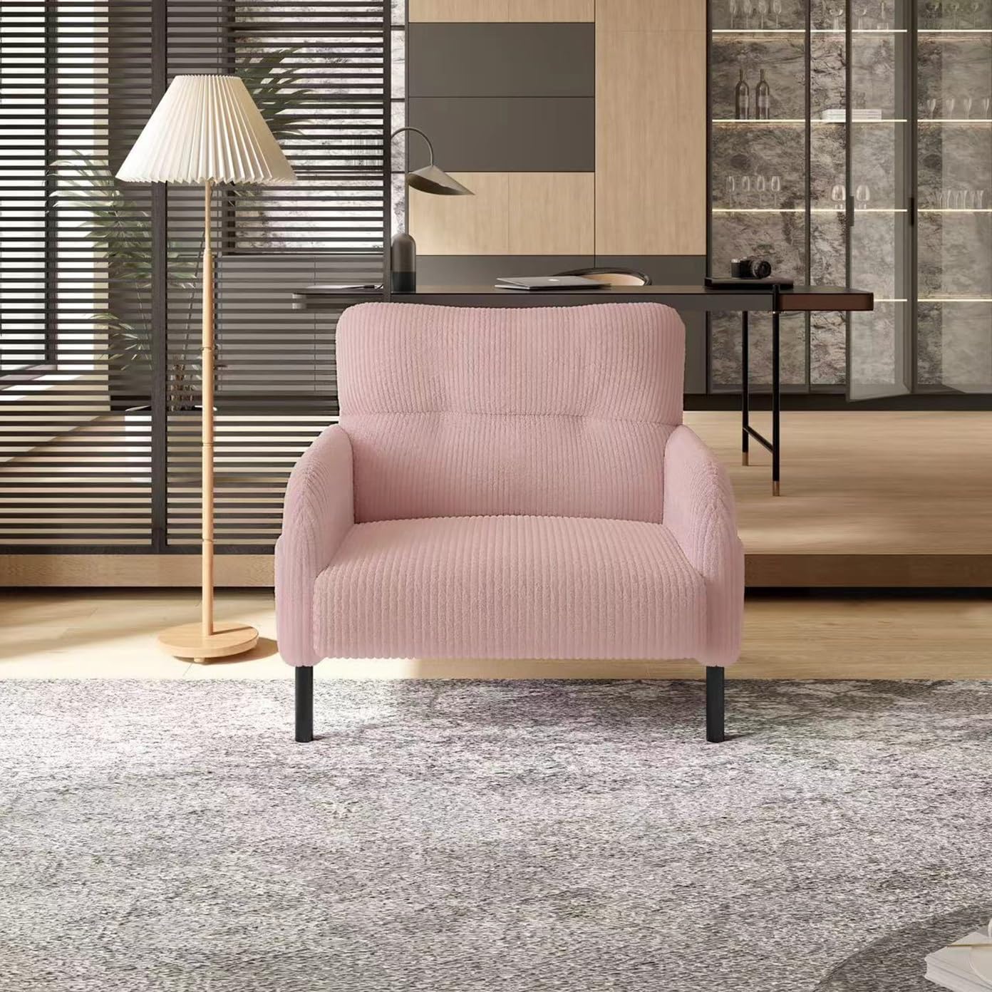 KEIKI 26" Corduroy Single Sofa Chair with Double Side Pockets & High Resilience Cushion, Modern Ergonomic Design Upholstery Oversized 1-Seater Accent Chair, Easy Assembly, for Living Room, Pink