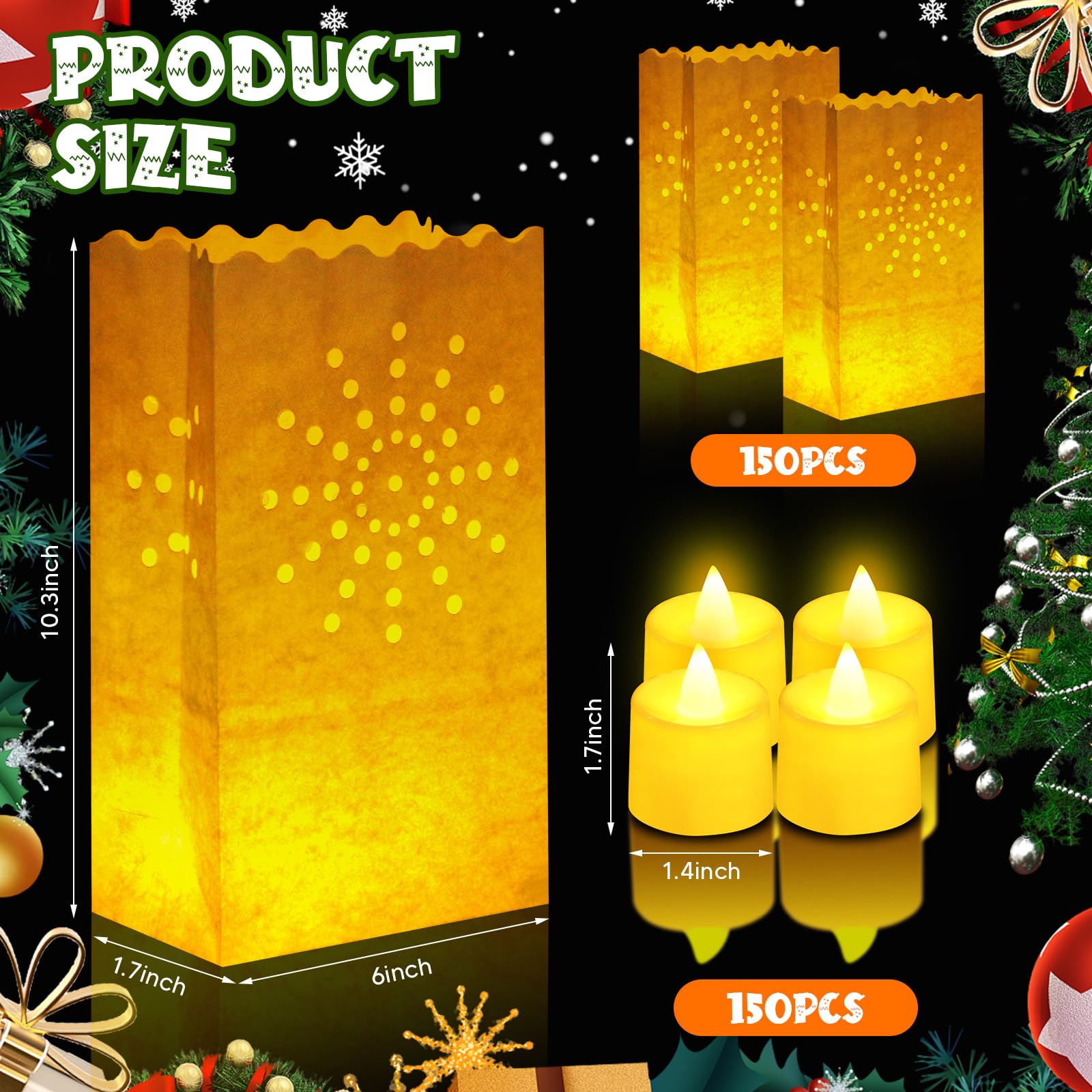 300 Luminary Paper Bags Set Include 150 Luminary Paper Bags with 150 Flameless LED Tea Lights Candle with Flame Resistant Bags Proposal Lights for Valentine's Day Birthday Happy Easter Party Decor