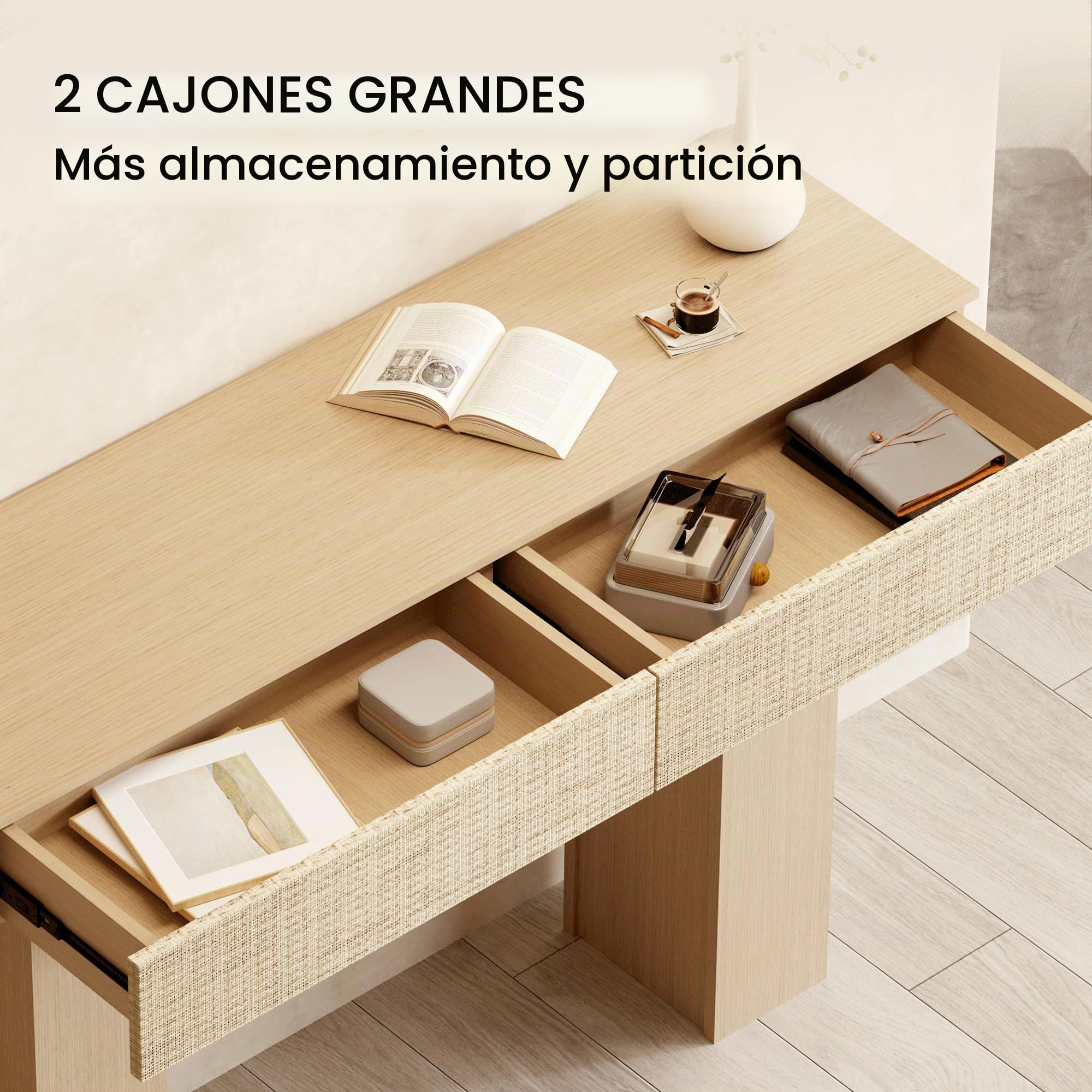 Consola con 2 Cajones de Rattan, 114 cm Mesa de Sofá de Madera con Almacenamiento, Mesa de Entrada Moderna para Recibidor, Pasillo y Salón