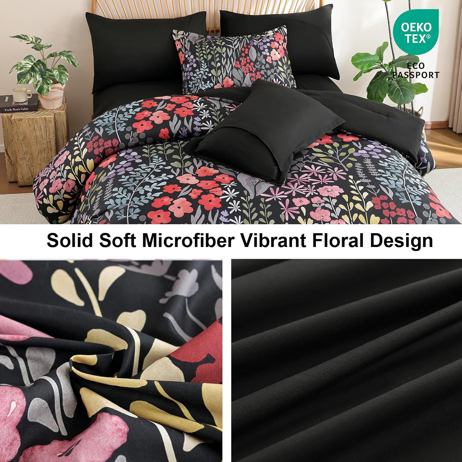 Xruibed King Comforter Set 7 Pieces, Black Floral Bedding Set, Bed in a Bag King with Botanical Flowers Patterns, Soft Microfiber Complete Bedding Set with Sheets for All Season
