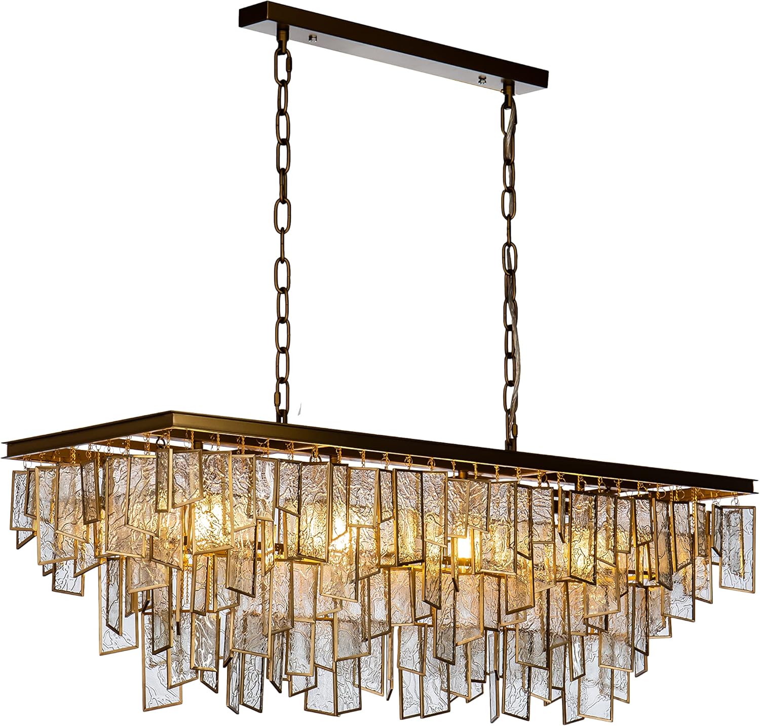 ALOADECOR 4-Light Mid-Century Modern Rectangular Matte Gold Water Glass Fringe Chandelier Unique Textured Glass Panes Pendant Lighting for Kitchen Island Dining Room Living Room