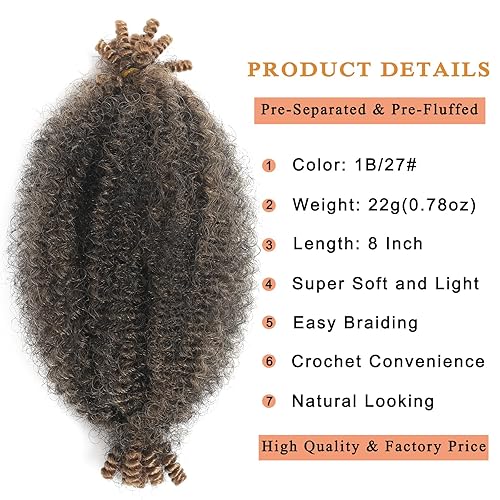 Miniatura 2 de 8 paquetes de cabello rizado afro elástico de 8 pulgadas 1B 27, cabello trenzado preseparado rizado Marley Twist, cabello sintético suave de