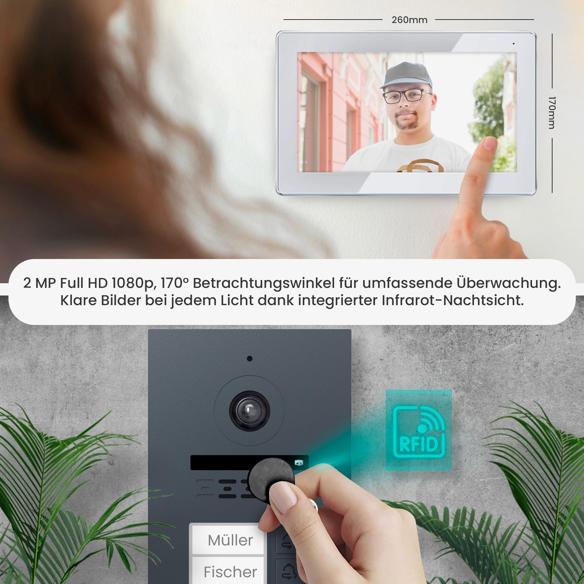 MATHFEL 2 Draht Bus IP 3 Familienhaus Video Türsprechanlage Fischaugenkamera 170 Grad, Außenstation in Aluminium, 3x7'' Monitor Anthrazit mit RFID Zugangskontroll