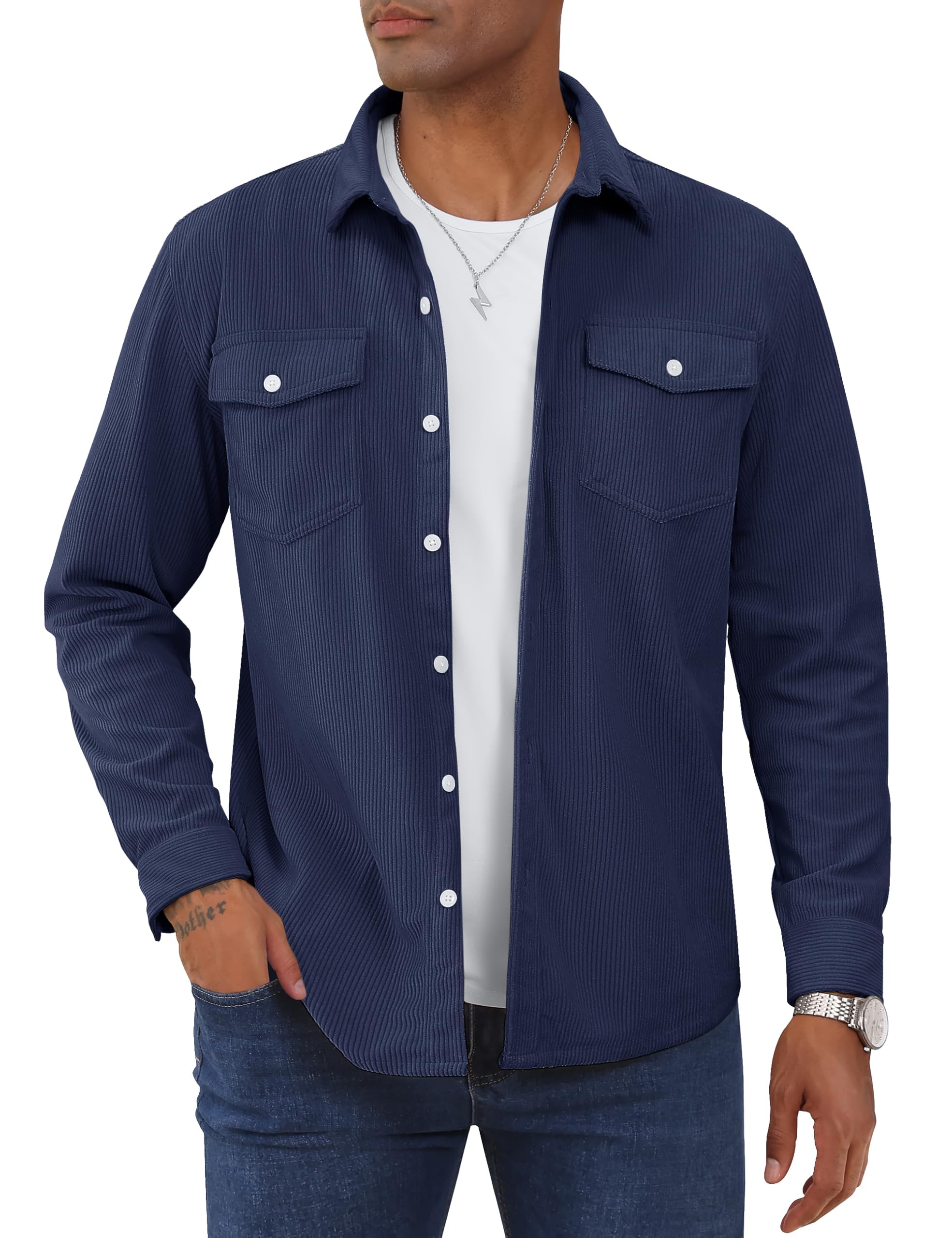 TACVASEN Camicia da uomo in velluto a coste a maniche lunghe giacca da uomo casual vestibilità regolare con bottoni e tasca con patta S-3XL