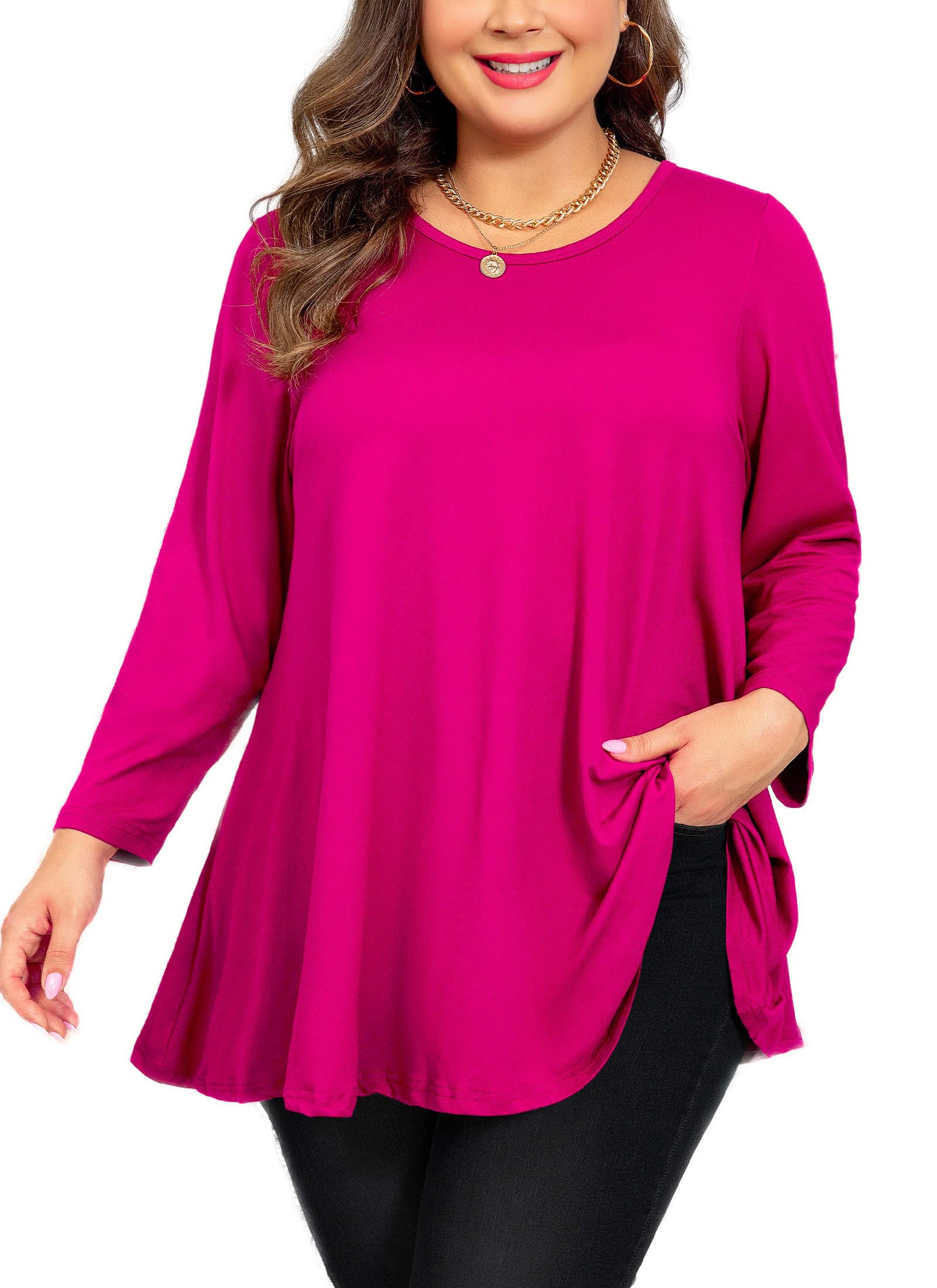 Tunic Tops for Women Plus Size 3/4 Sleeve Crew Neck Swing Flare Loose T-Shirt Blouses to Wear with Leggings