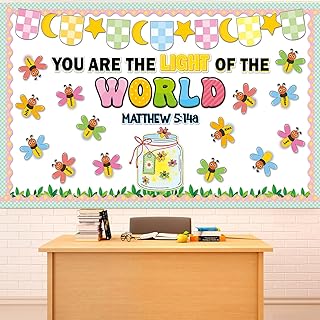 Christian Religious Bulletin Board Let Your Light Shine Bible Verse Bulletin Board Decorations Mason Jar Cutouts Firefly Name Tags for Sunday School Church Back to School Chalkboard Door Supplies
