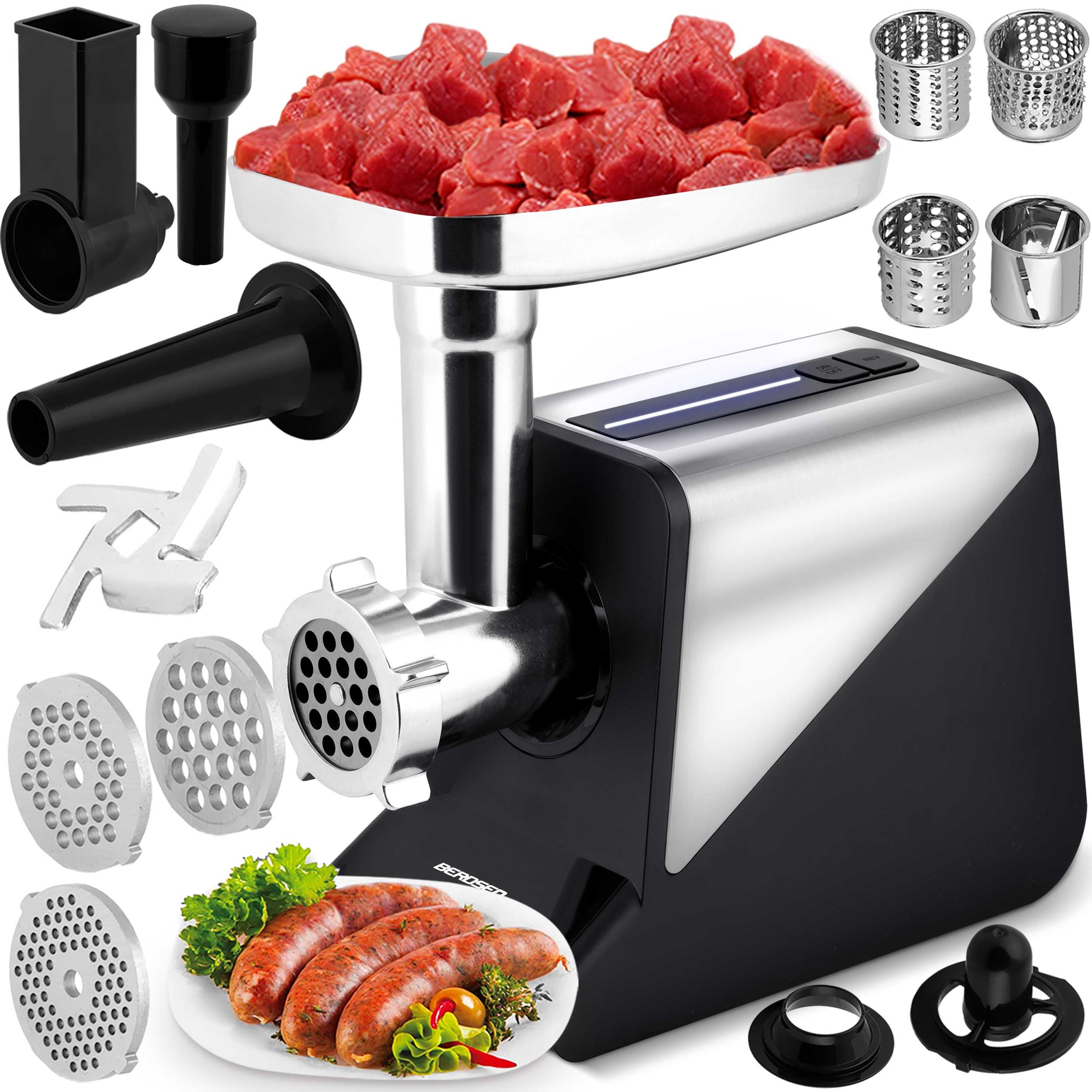 Berdsen Hachoir à viande électrique avec accessoires pour saucisse - Disques perforés - 800/2000 W - Noir et argenté