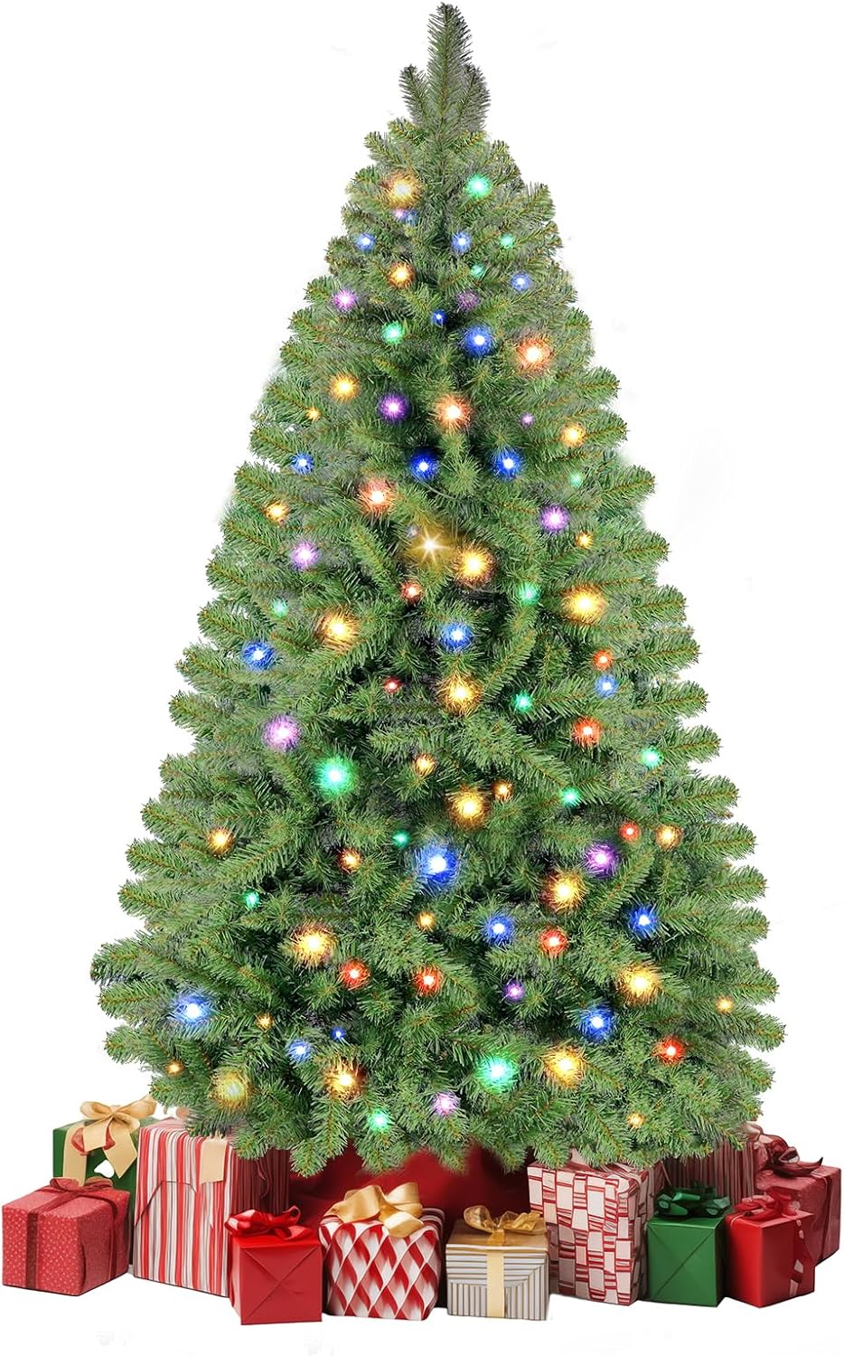6FT Prelit Christmas Tree, Artificial Christmas Tree with 200 Multi-Color LED Lights, Hinged Christmas Tree with 560 PVC Tips Foldable Metal Stand, for Home Office Party Indoor Outdoor Xmas Decor 6ft-green