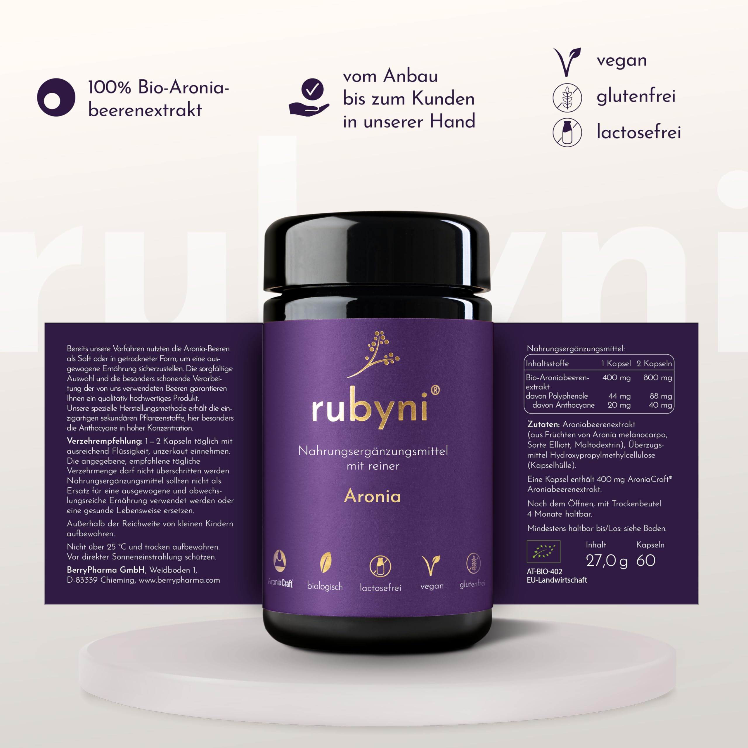 Aronia - 400mg Bio-Aroniabeeren Extrakt pro Kapsel - 60 Kapseln | 44mg Polyphenole + 20mg Anthocyane pro Kapsel - Bio & Vegan - Ohne Zusatzstoffe - Schwarze Apfelbeeren Extrakt