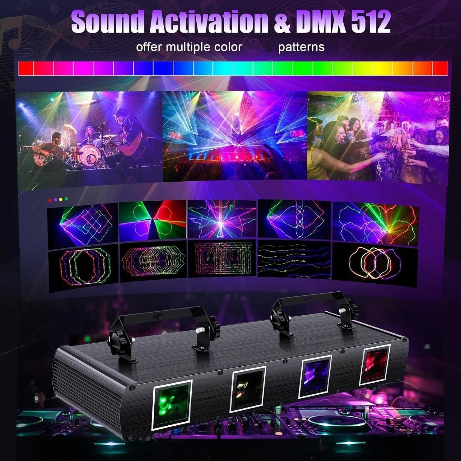 Luz láser for DJ, luces de fiesta con 4 efectos de luz activados por sonido, luces de discoteca LED RGBY con control DMX for bailar, cumpleaños, bar, iluminación de escenario