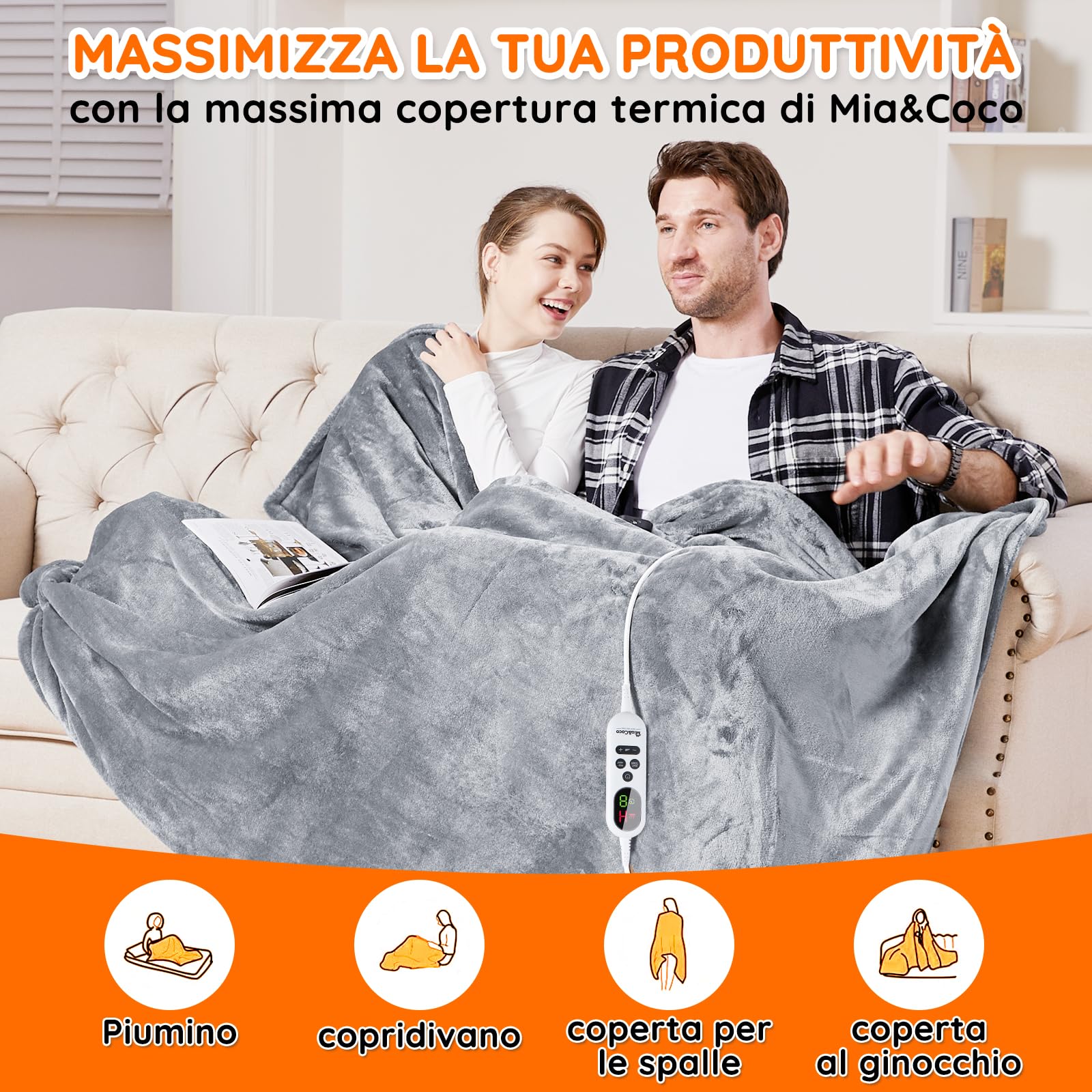Mia&Coco Coperta Elettrica Termica Riscaldata Riscaldante con Telecomando Digitale, Flanella Sherpa 180x200cm, 10 livelli e 1~9 ore di spegnimento automatico, Lavabile in Lavatrice, Grigio