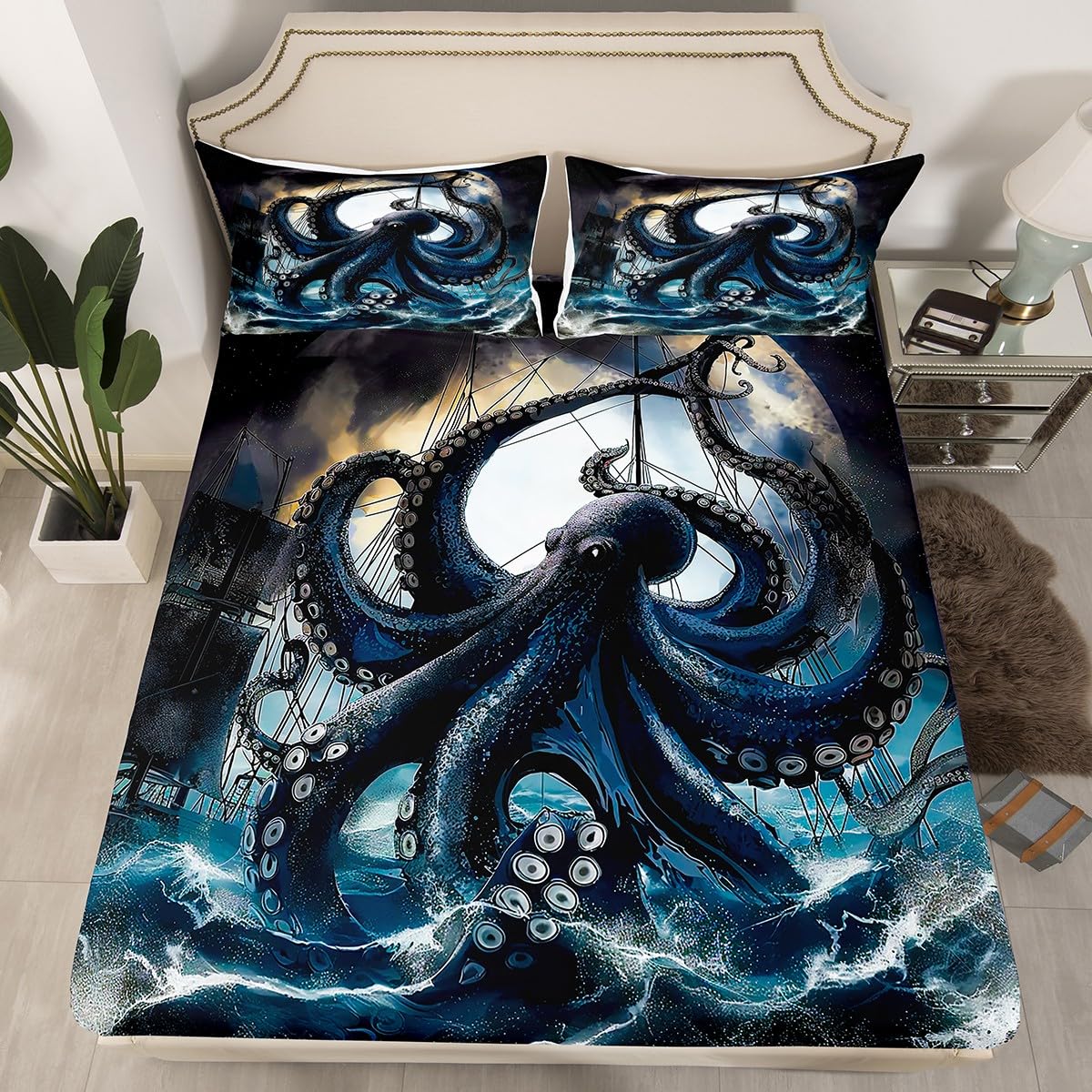 Octopus Bed Sheets Nautical Sealife Fitted Sheet Kids Navy Blue Tentacles Sheets Queen,Sea Waves Sailboat Sheets,Marine Life Animals Bed Set for Boys Girls Teens Adults Room Decor
