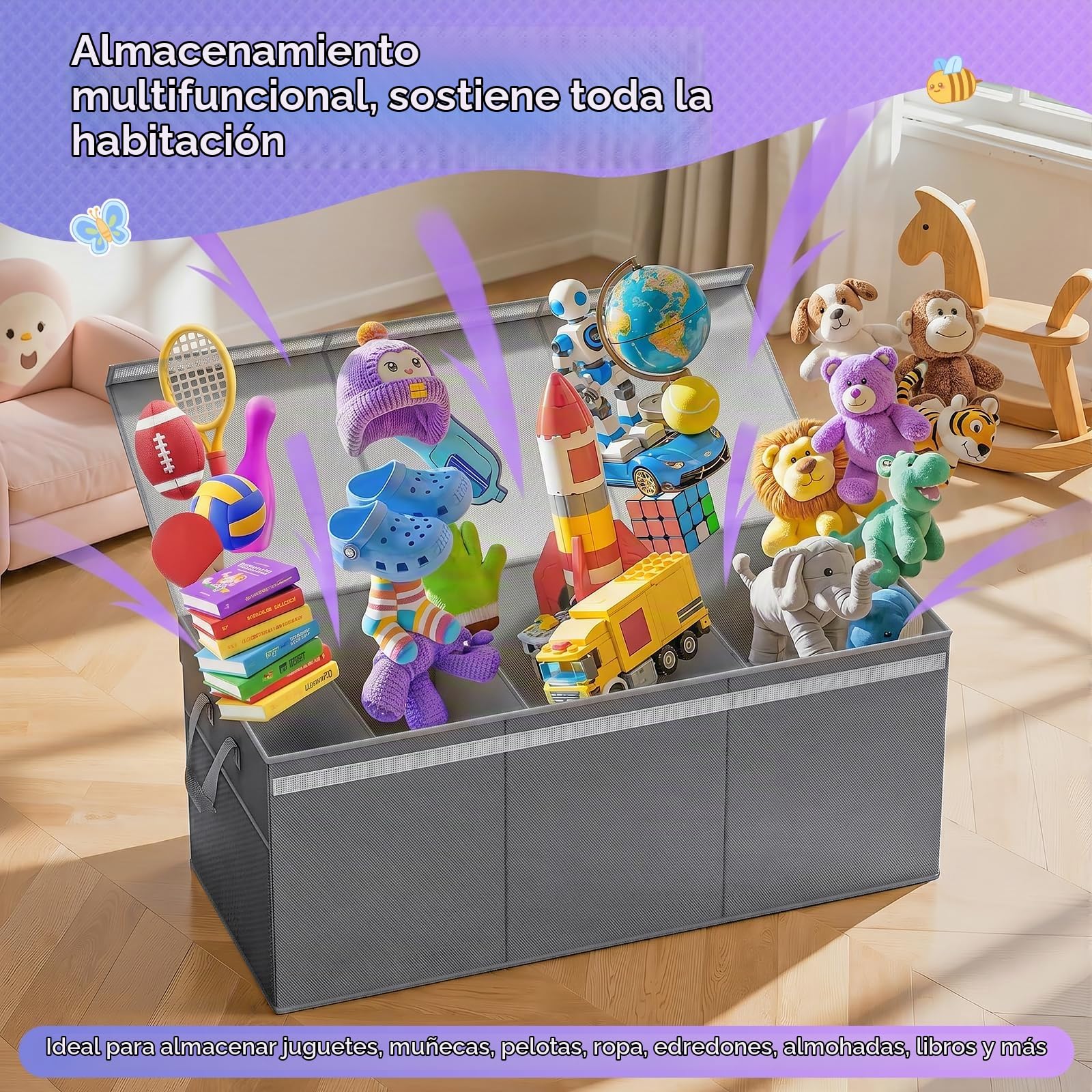 Lewondr 160L Extragrande Cesta de Almacenamiento para Juguetes con Tapas | Caja Plegable Almacenaje Juguetes Niños y Niñas, 3 Separadores Extraíbles, Salón y Guardería, 100 × 40 × 40 cm, Gris