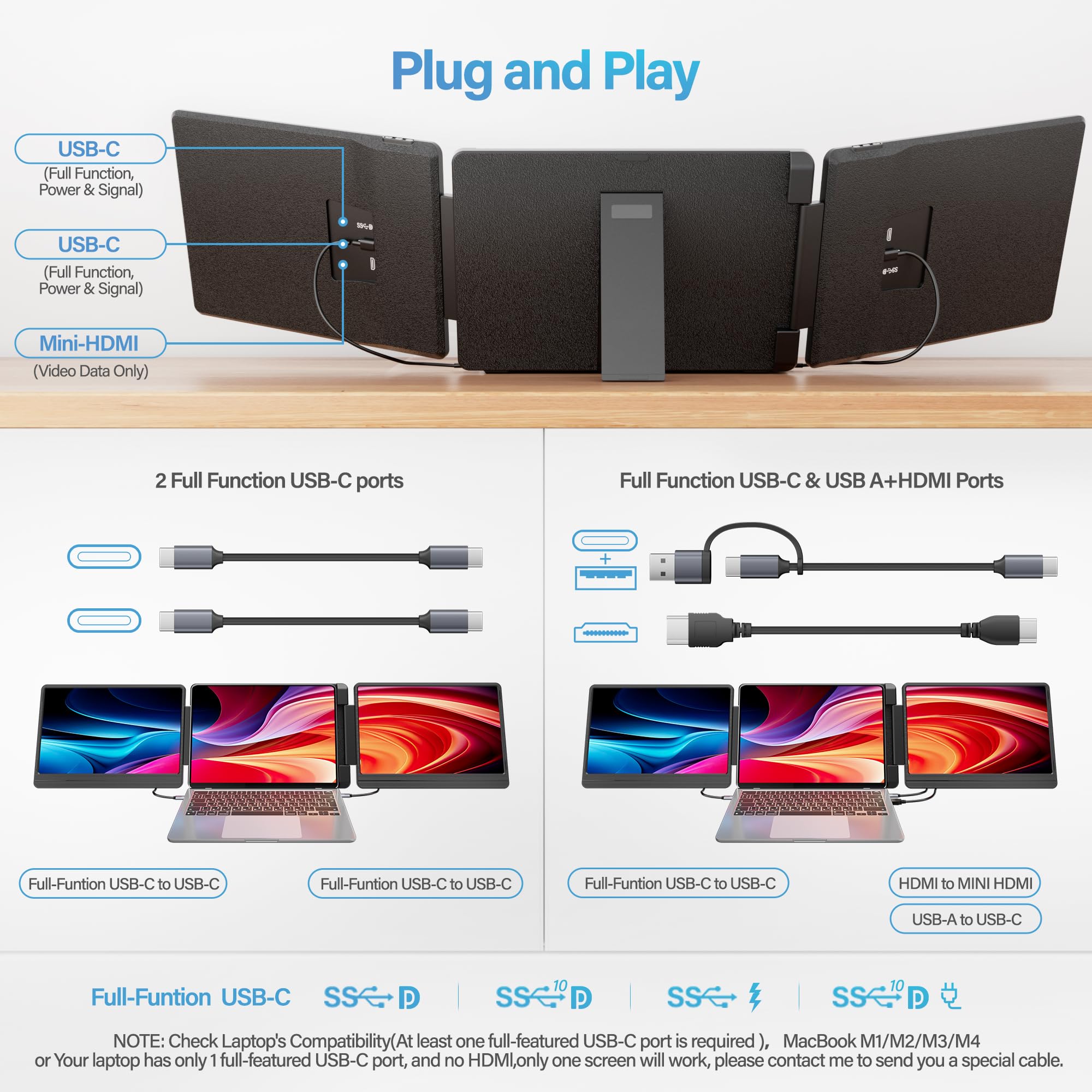 Laptop Screen Extender, 14’’FHD 1200P Triple Portable Monitor for Laptop Ultra-Slim IPS Display，HDMI/USB-C Plug and Play for 12"-17.5" Laptops Compatible with Win and MacBook for Travel /Home/Office — view 5