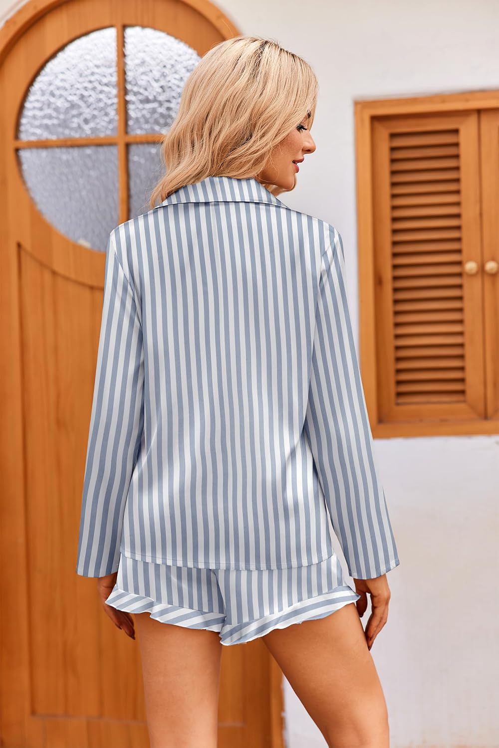 Ekouaer Womens Satin Pajama Sets Long Sleeve Top and Shorts Lounge Set Button Down Sleepwear - Image 5