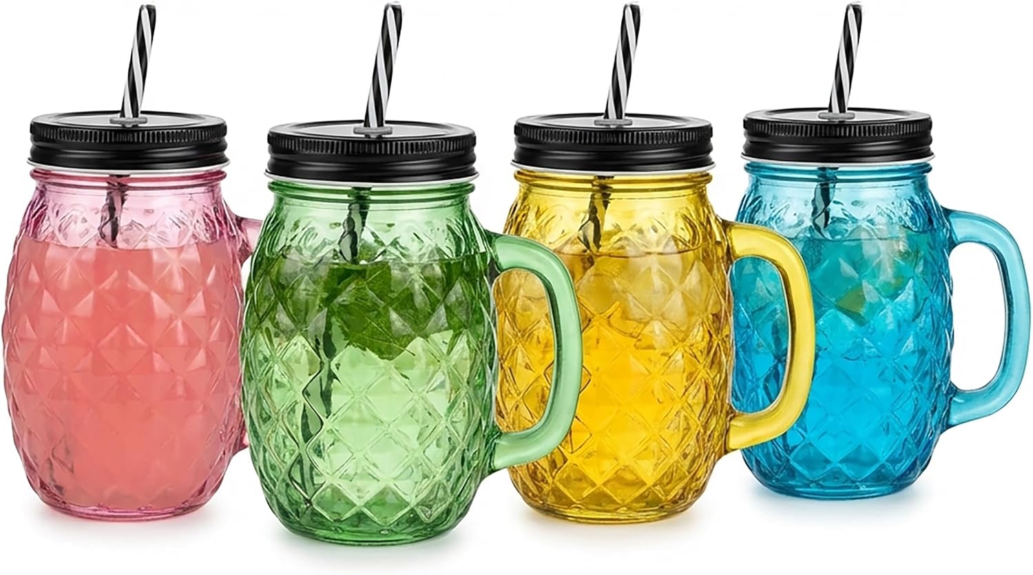 Relaxdays Drinking Glasses with Lid and Straw, Set of 4, 500 ml, Pineapple Design, Screw Cap, Handle, Glass Cup, Colourful