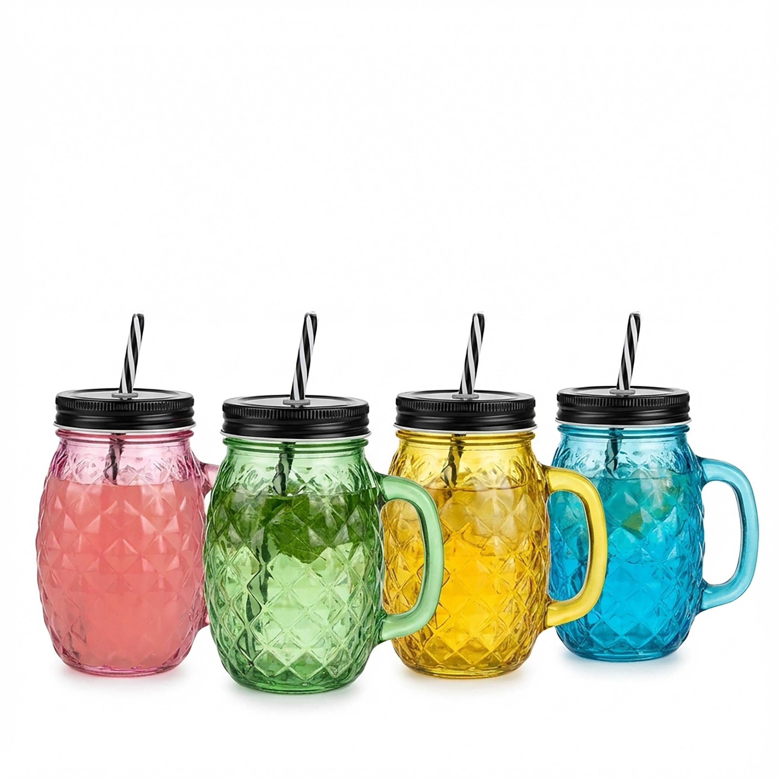 Relaxdays Bicchieri in Vetro con Coperchio, Cannuccia, Manico, Design Ananas, Chiusura a Vite, Set 4x500ml, Multicolore