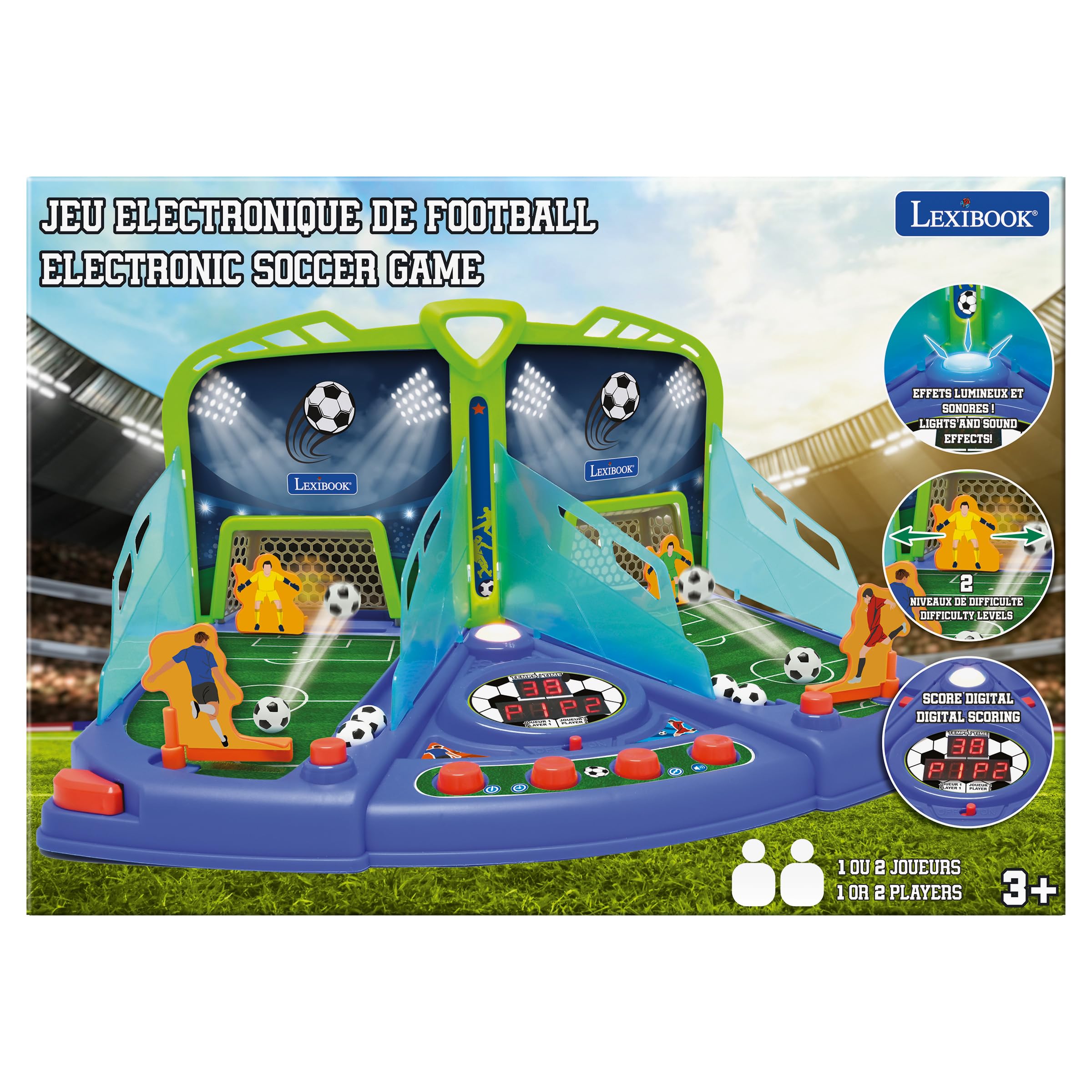 Lexibook, Jeu de Football Électronique avec Effets Lumineux et sonores pour 2 Joueurs, Bleu/Vert, JG945