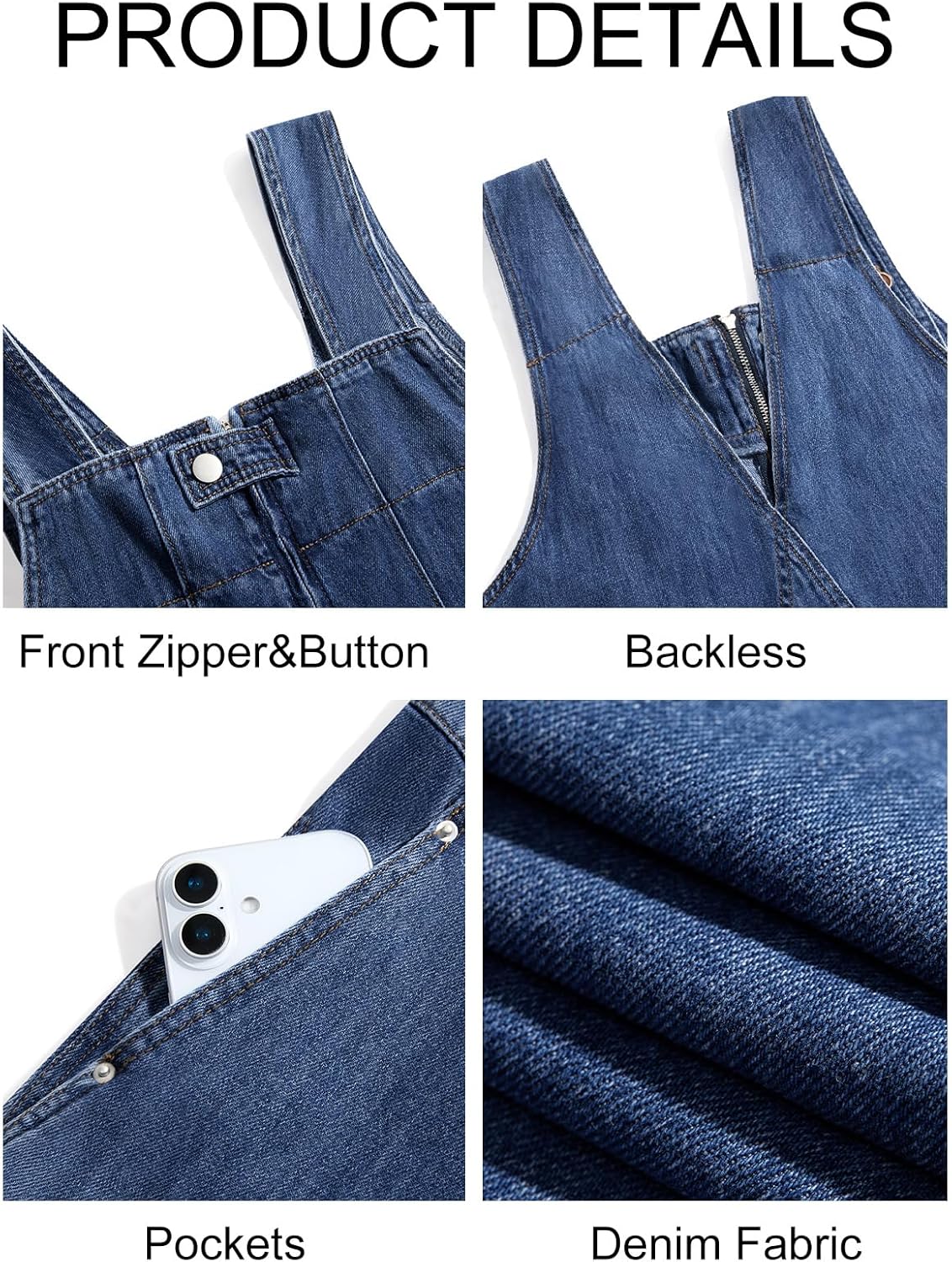 Cicy Bell Womens Casual Denim Bib Overalls Wide Leg Sleeveless Zipper Loose Jean Pants Jumpsuits with Pockets - Image 5
