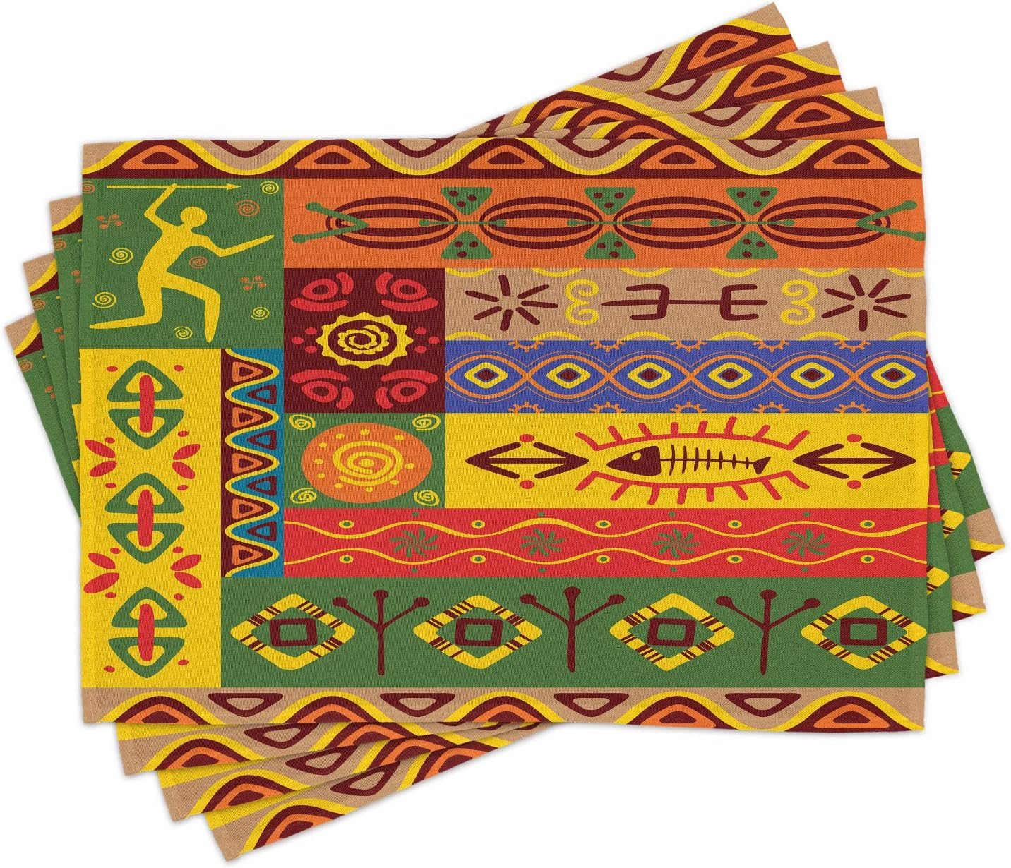 Ambesonne African Place Mats Set of 4, Abstract West Folk Art Forms Unique Lines Print, Washable Fabric Placemats for Dining Table, Standard Size, Vermilion Green