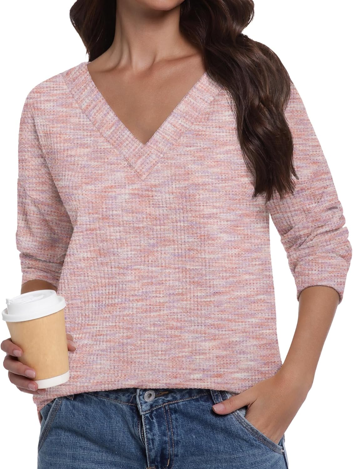 Women's Waffle Knit Tops Fall Loose Long Sleeve V Neck Shirts Dressy Casual Blouse - Image 4