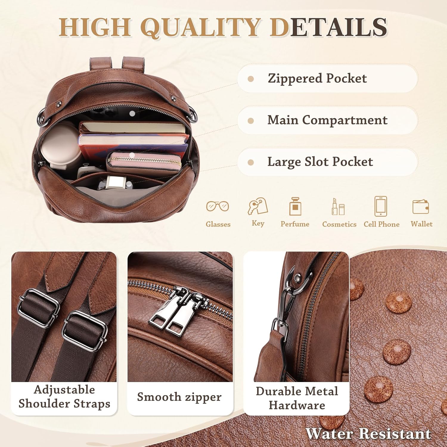 Chase Chic Mini Backpack Purse for Women, Vegan Leather Cute Small Backpack Ladies Fashion Shoulder Handbag for Travel Brown - Image 4