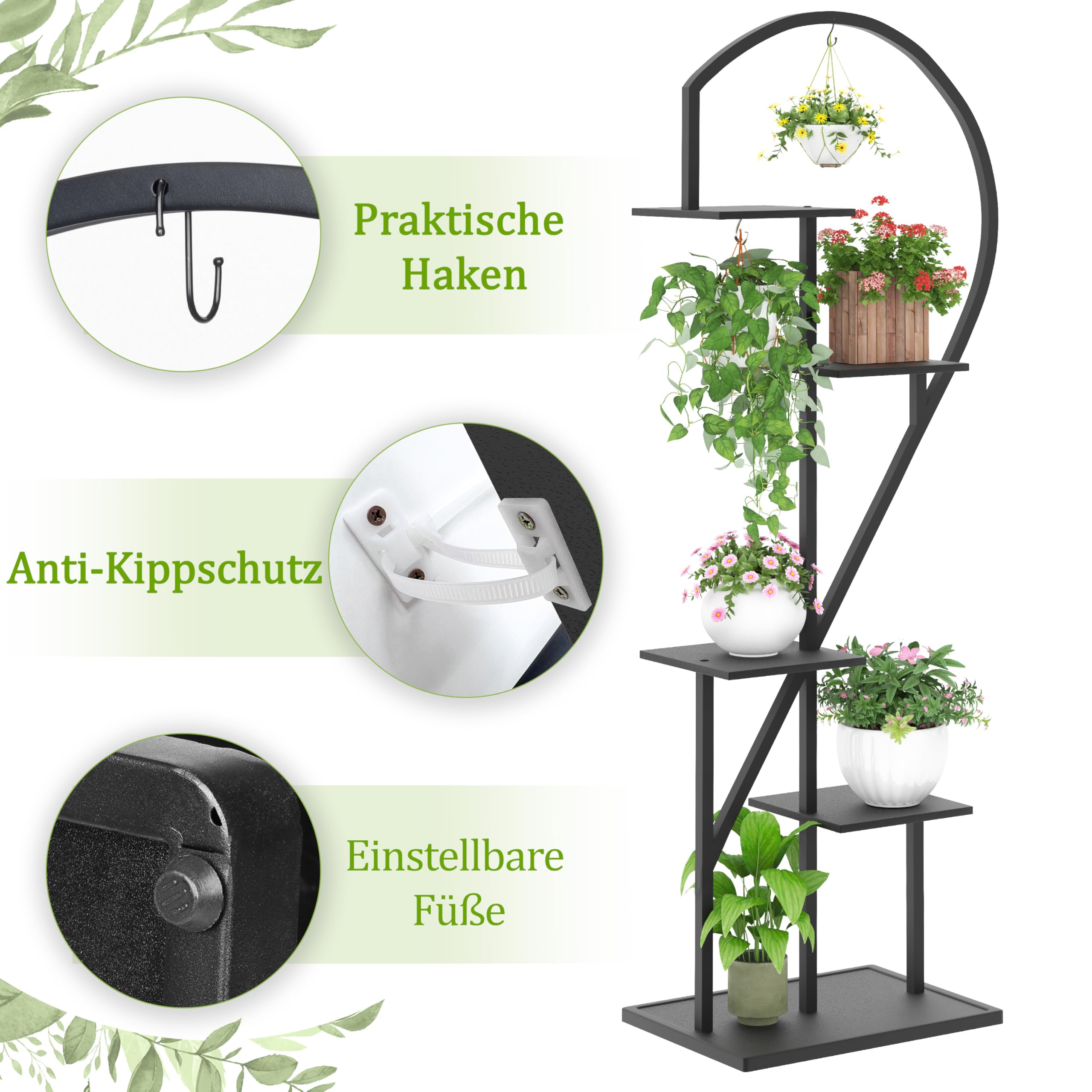 Ribelli 5-stufiger Metall-Pflanzenständer in Herzform 170 cm, Pflanzenregal mit 5 Ablagen & 4 Haken, Hoch Blumenständer Pflanzentreppe mit Kippschutz für Balkon Wohnzimmer Terrasse, Schwarz